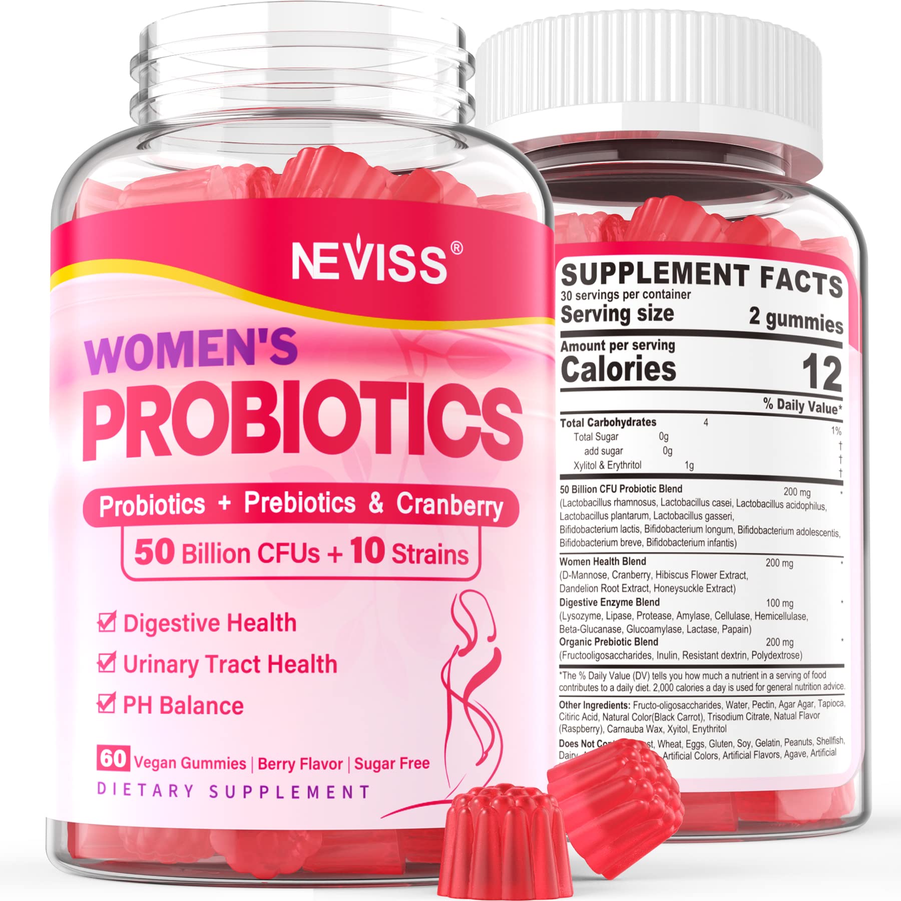 Probiotics for Women Gummies, Sugar Free Vaginal Probiotics 50 Billion CFU 10 Strains w/ Cranberry