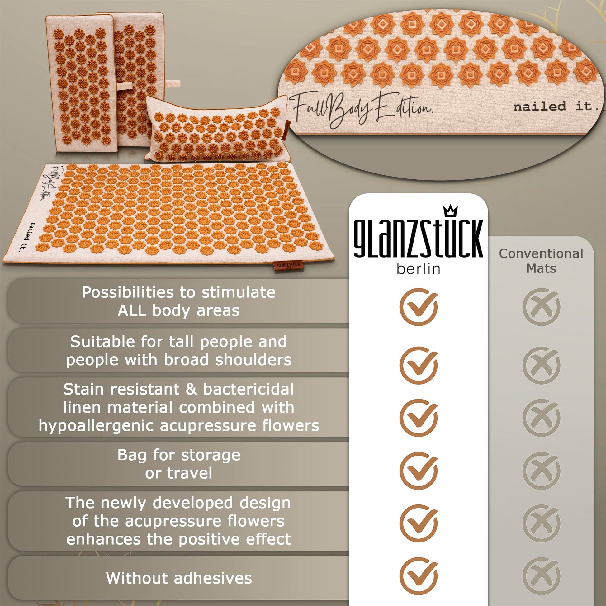 Glanzstück Berlin® Health Collection XXL Acupressure Mat Set for Full Body for Tension Headaches Glanzstück Berlin