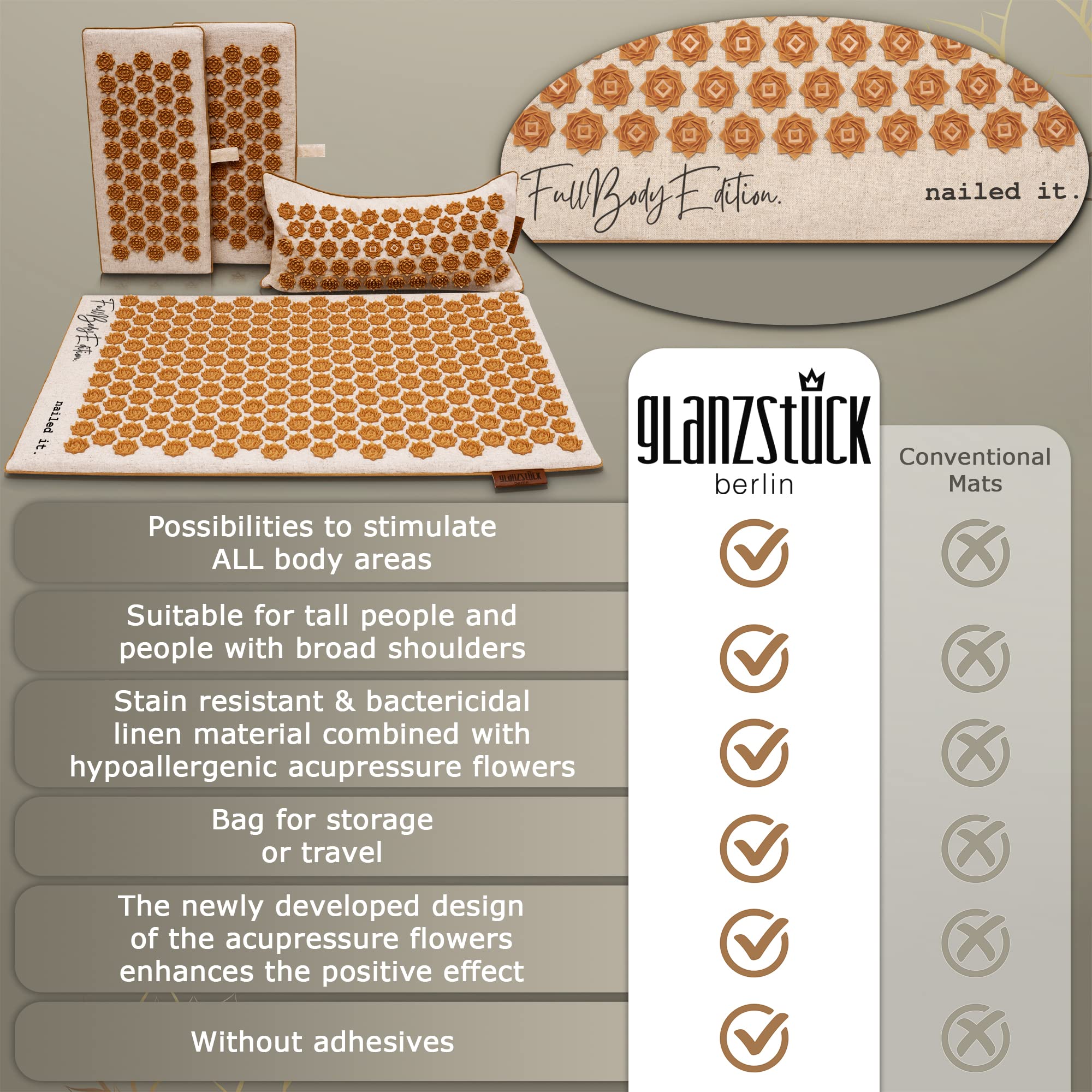 Glanzstück Berlin® Health Collection XXL Acupressure Mat Set for Full Body for Tension Headaches Glanzstück Berlin