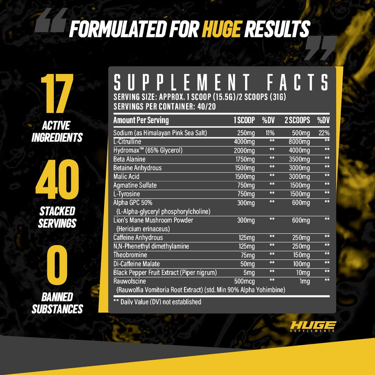 Huge Supplements Wrecked Pre-Workout, 30G+ Ingredients Per Serving to Boost Energy