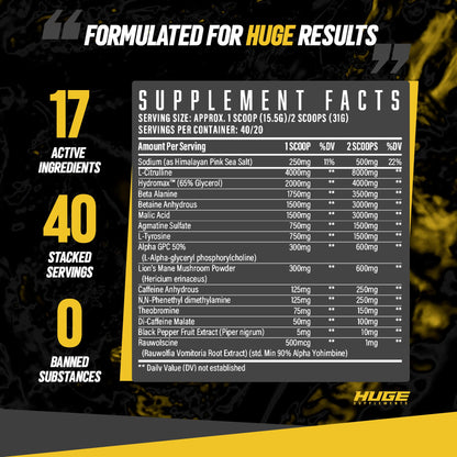 Huge Supplements Wrecked Pre-Workout, 30G+ Ingredients Per Serving to Boost Energy