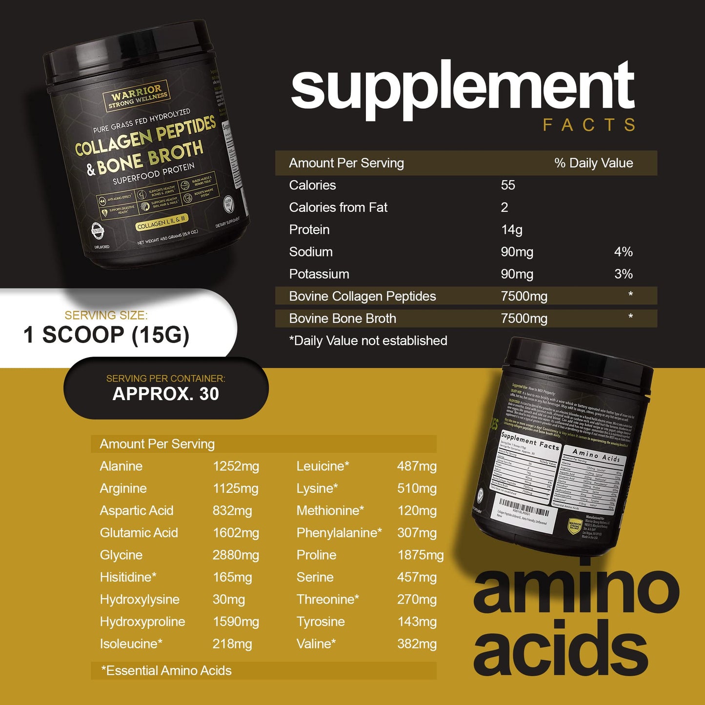 Warrior Strong Wellness Premium Collagen Peptides Bone Broth: Grass Fed Hydrolyzed
