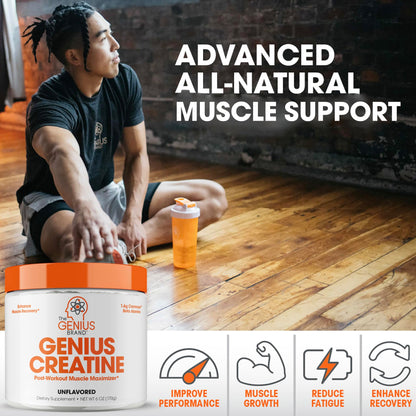 Genius Pre Workout Powder, Blue Razz, and Genius Micronized Creatine Monohydrate Powder, Unflavored, All Natural Nootropic Pre Workout and Post Workout Supplement Stack
