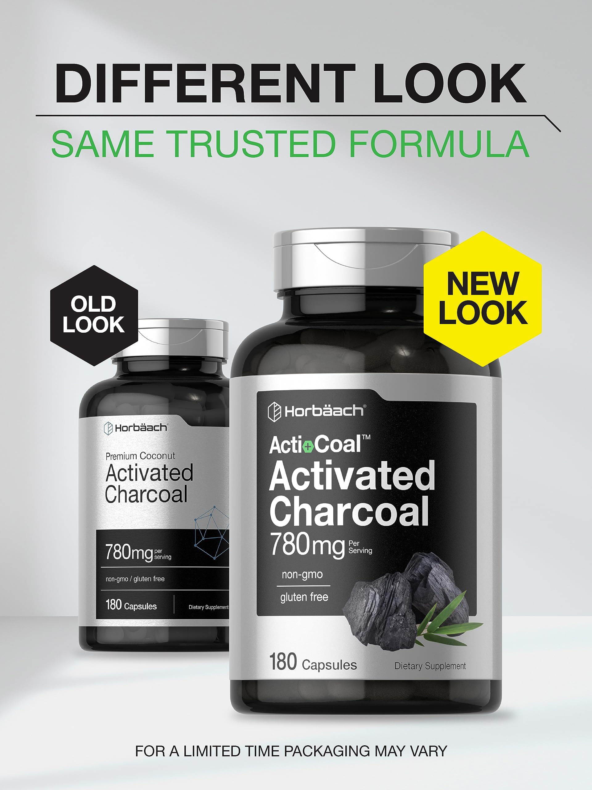 Charcoal Pills 780mg | 180 Capsules | Activated Charcoal from Coconut Shells | Non-GMO Horbäach