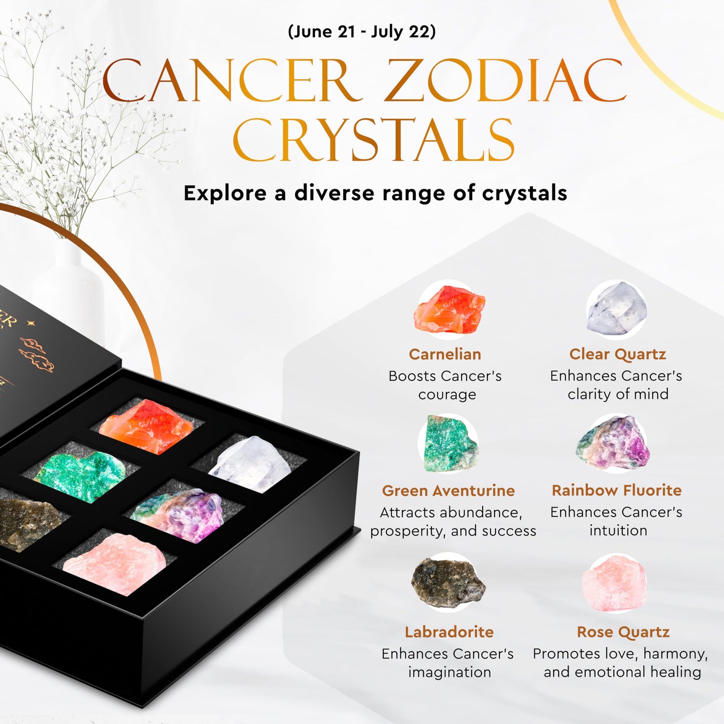 Wyspell Cancer Crystal Set - 6 Raw Cancer Crystals and Healing Stones - Cancer Zodiac Gifts for Women
