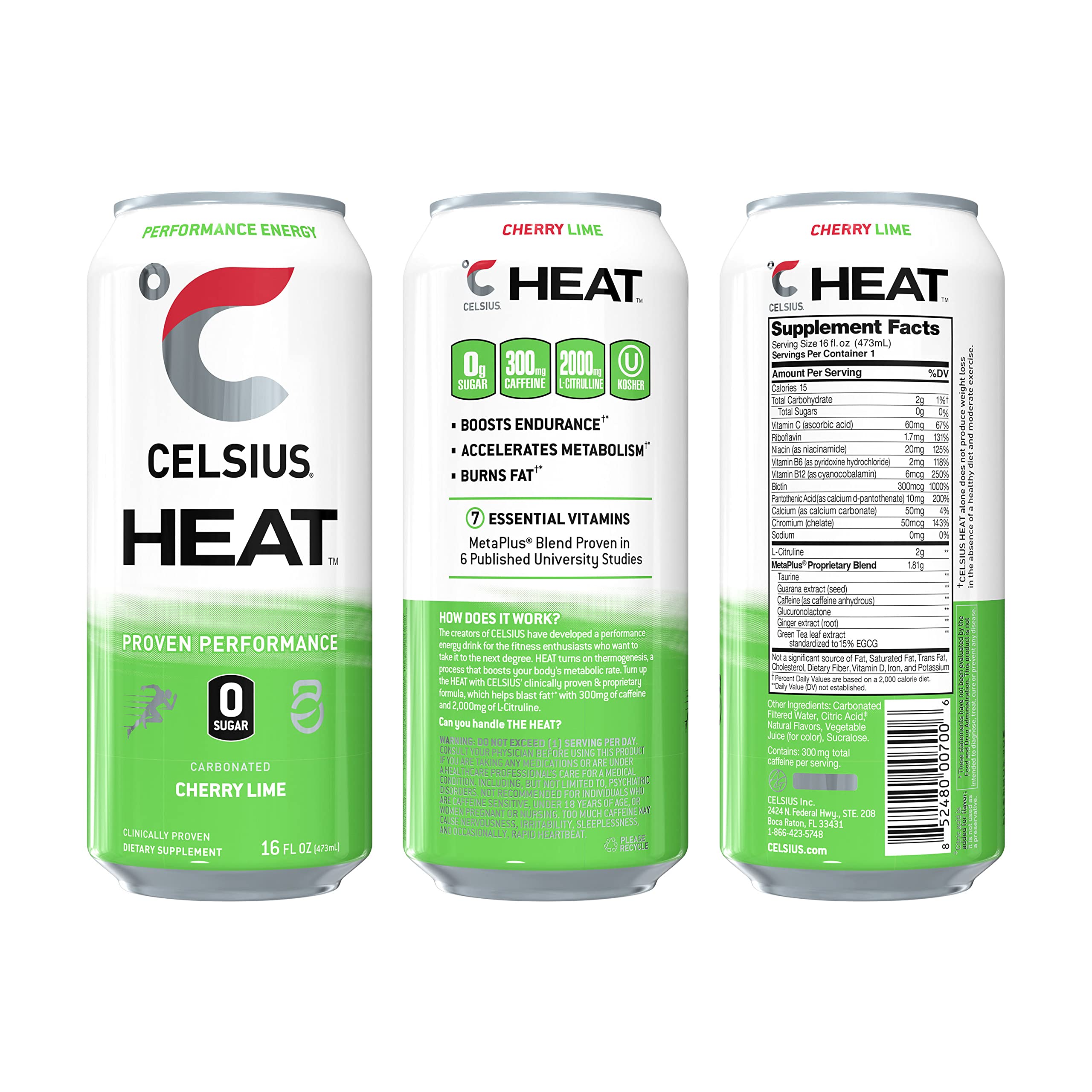CELSIUS HEAT Performance Energy Drink, Cherry Lime, 16 Fl Oz (Pack of 12) CELSIUS