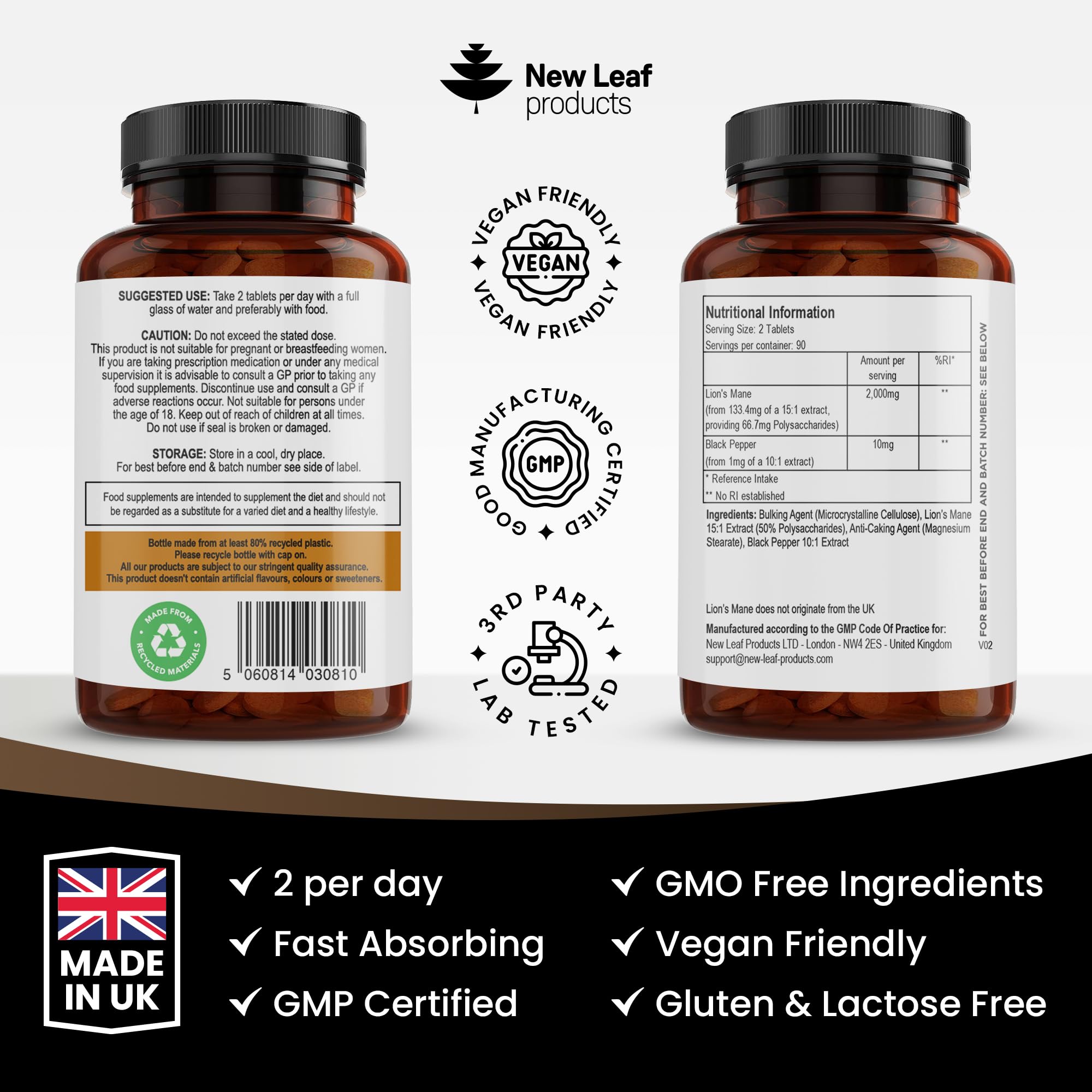 Lions Mane Mushroom Extract Supplement 2000mg - 180 High Strength Vegan Tablets