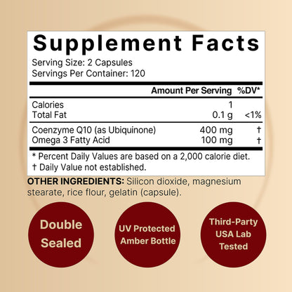 CoQ10 (Ubiquinone) 400mg with Omega 3 Fatty Acids, 240 Capsules | Stable High