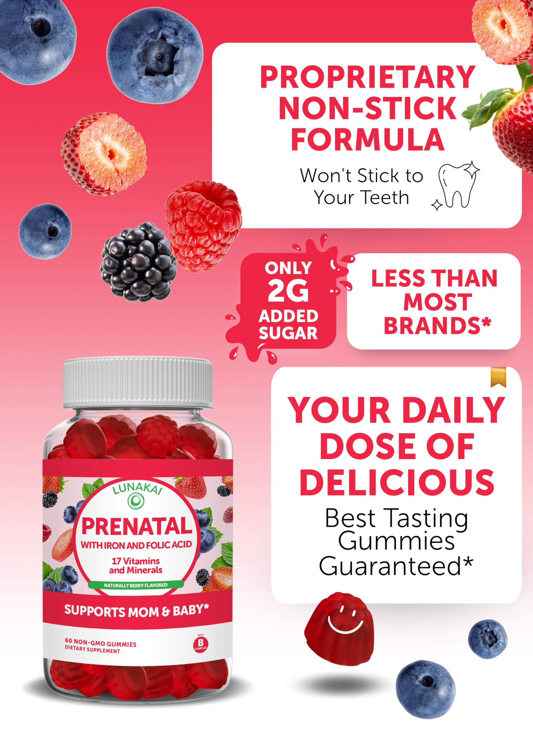 Prenatal Vitamins with Iron & Folic Acid - Proprietary Formula Pregnancy Multivitamin Gummies Lunakai