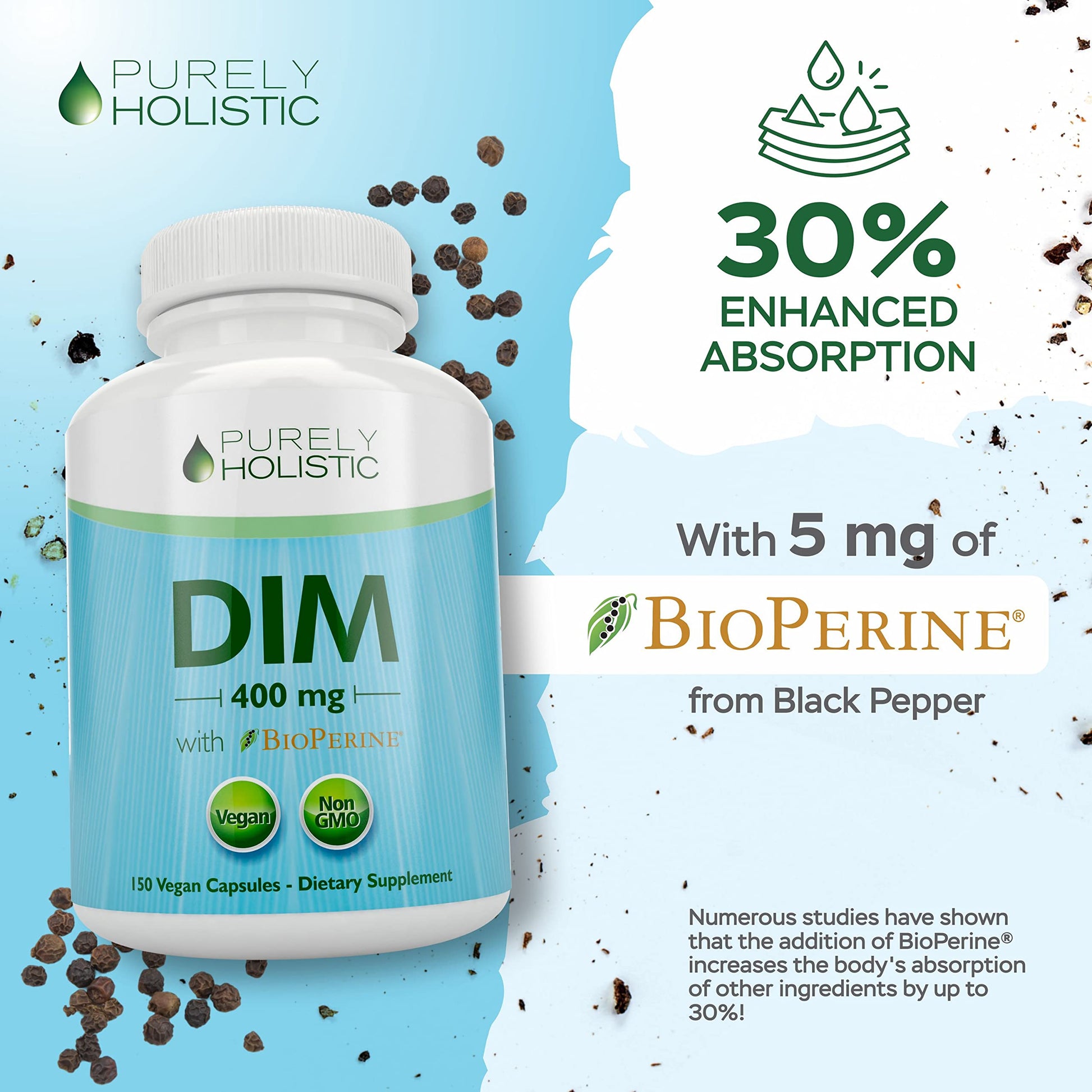 DIM Supplement 400mg Plus Bioperine - 150 Vegan Capsules - 5 Month Supply - Hormone Balance Purely Holistic