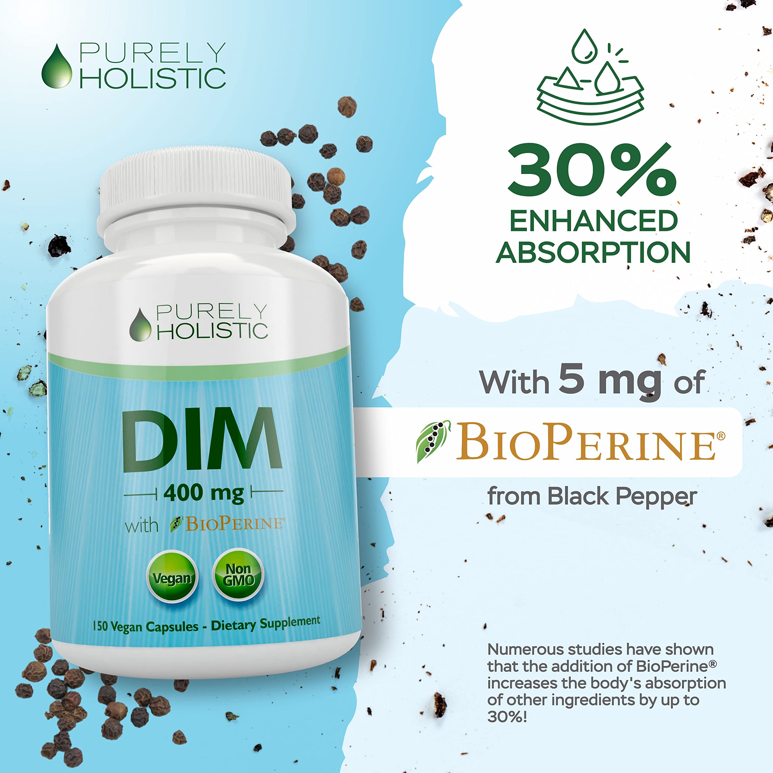 DIM Supplement 400mg Plus Bioperine - 150 Vegan Capsules - 5 Month Supply - Hormone Balance Purely Holistic