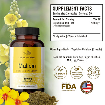HERBAMAMA Mullein Leaf Capsules Respiratory Health - Organic Mullein Leaf Extract