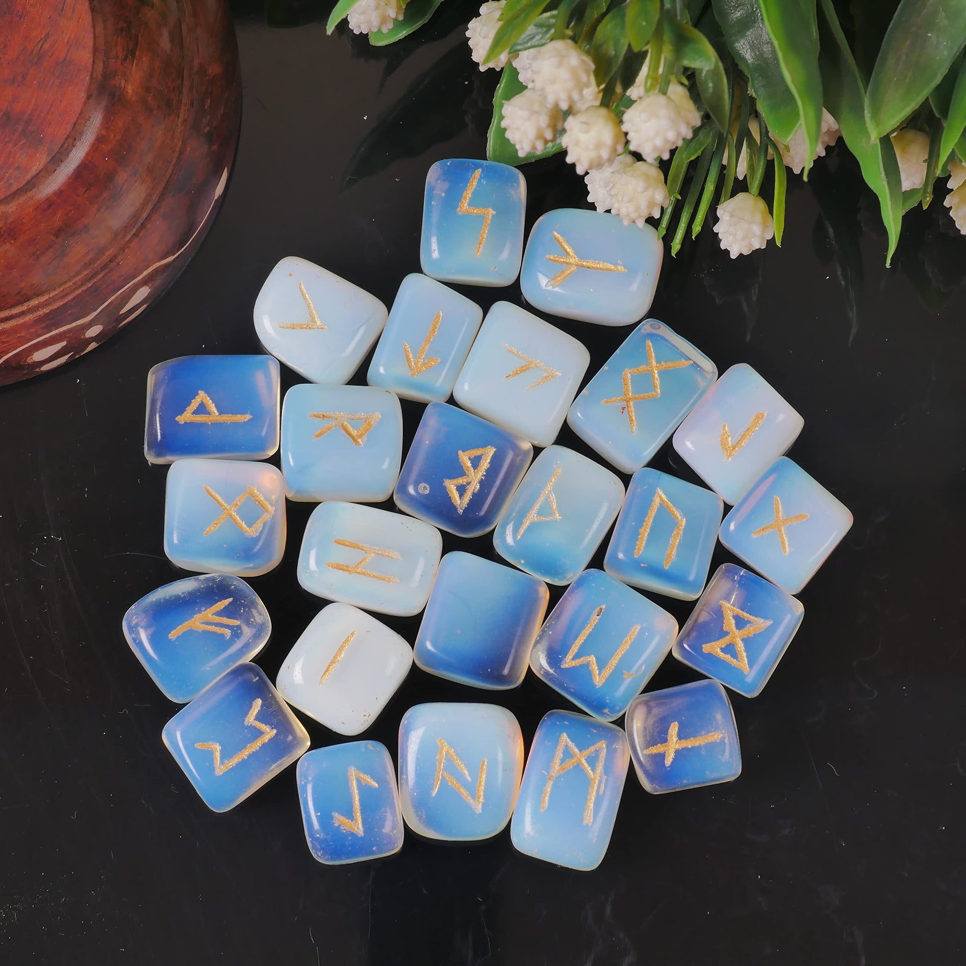 Opalite Rune Stone - Rune Set - Engraved Elder Futhark Alphabet Symbols - Witchcraft Crystals