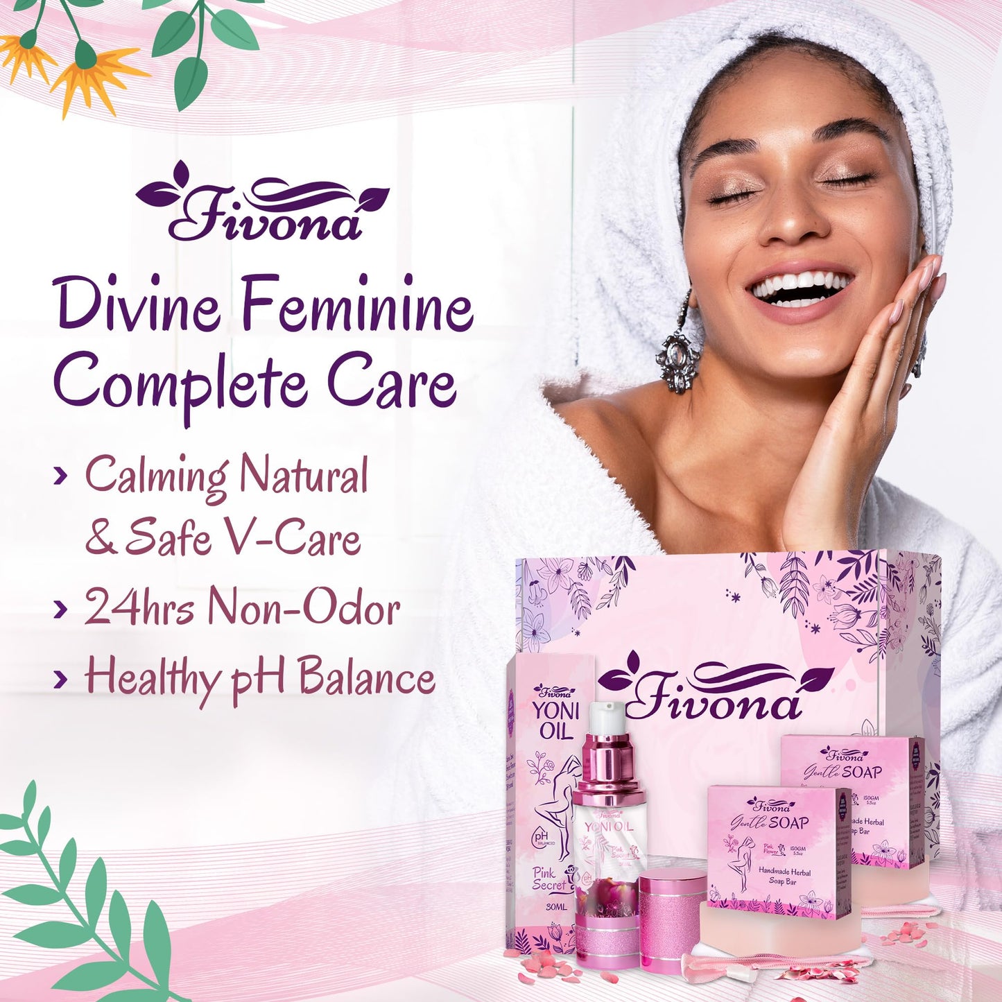 FIVONA 3 in 1 Set of Yoni Oil with 2 Yoni Soap Bars - Feminine pH Balanced Natural Vaginal Oil 30 ml