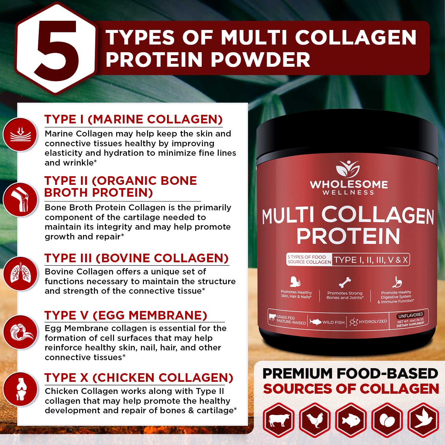 Multi Collagen Protein Powder Hydrolyzed (Type I II III V X) Grass-Fed All-in-One Super Wholesome Wellness
