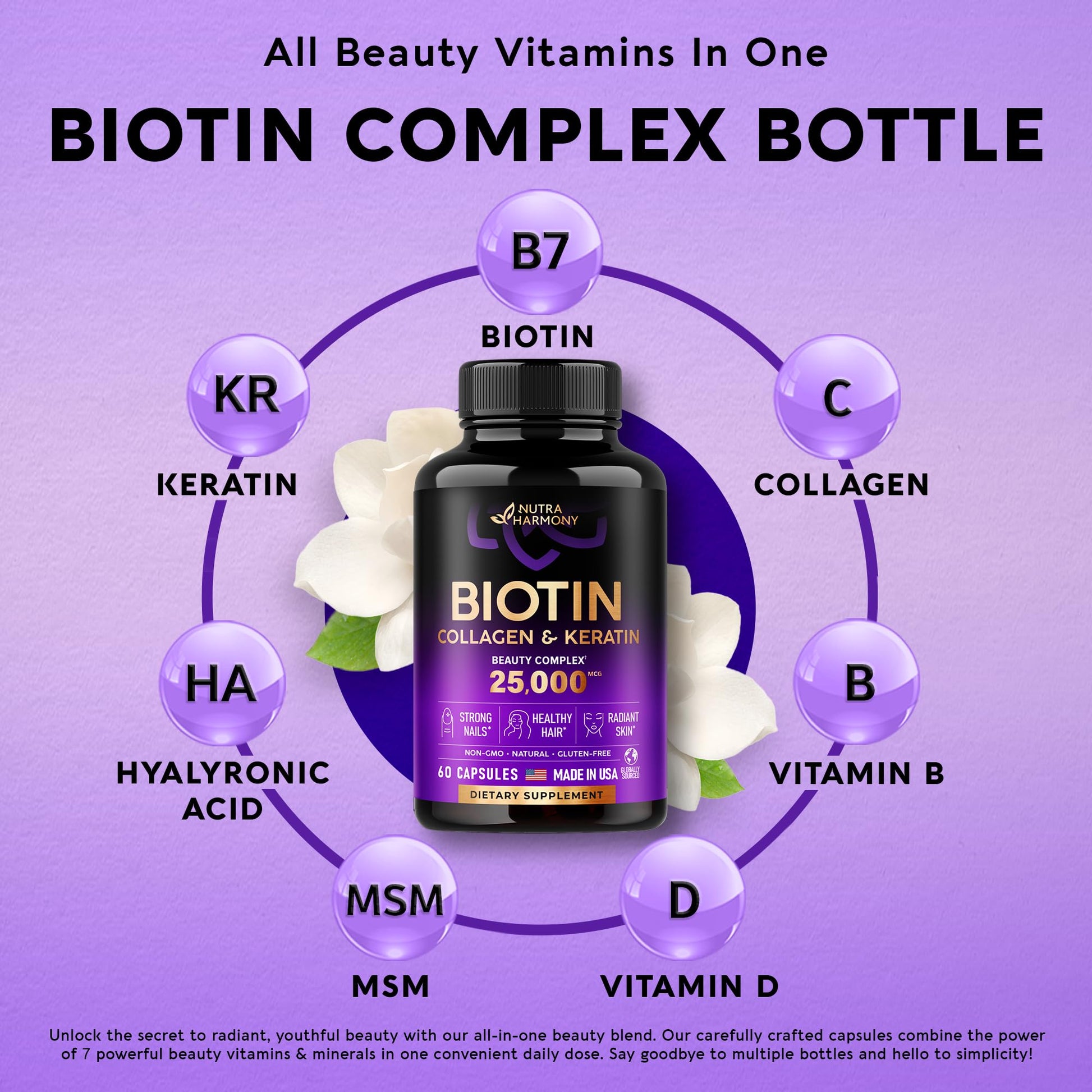 Biotin | Collagen | Keratin | Hyaluronic Acid - Hair Growth Support Pills, 25000 mcg NUTRAHARMONY