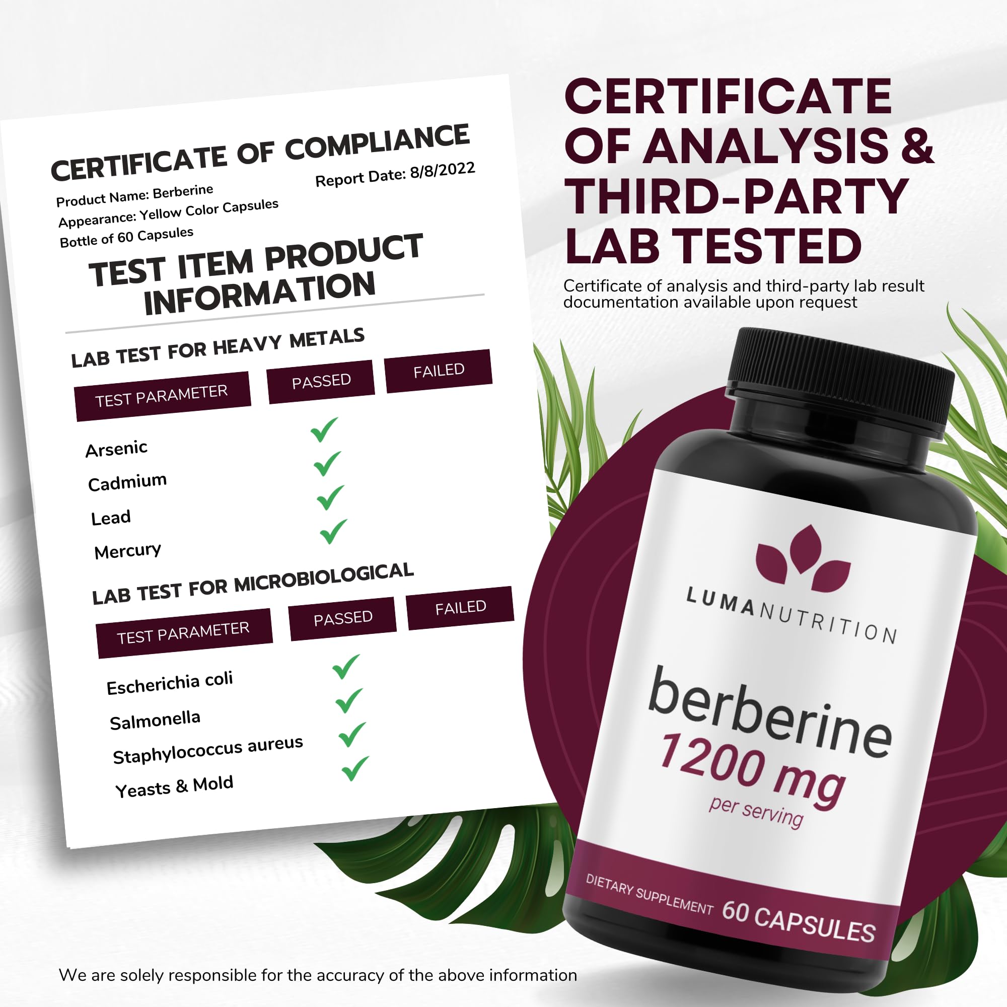 Luma Nutrition Berberine Supplement - Berberine 1200mg Per Serving - Berberine HCI