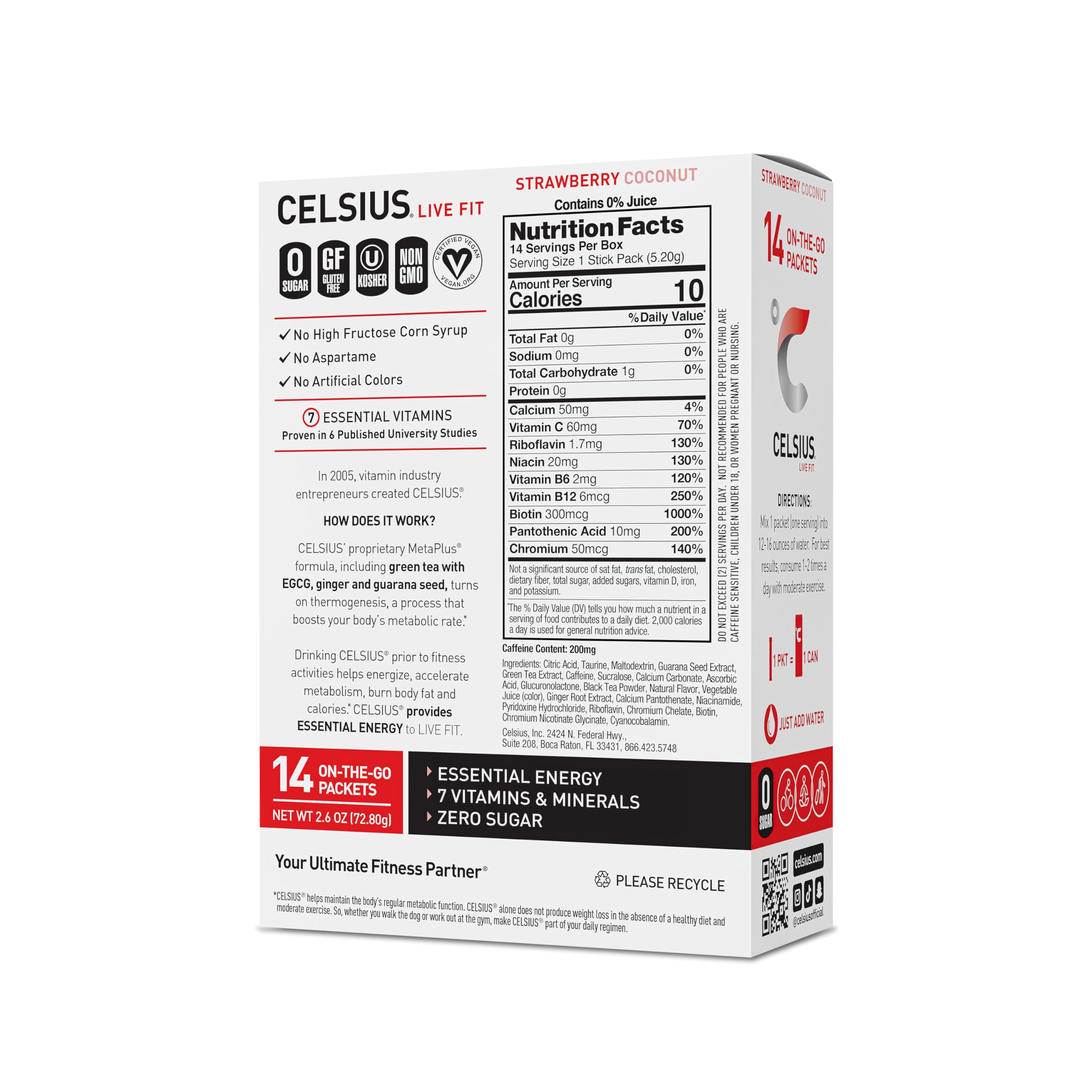 CELSIUS On-the-Go Essential Energy Drink Mix, Strawberry Coconut (14 Stick Pack) CELSIUS