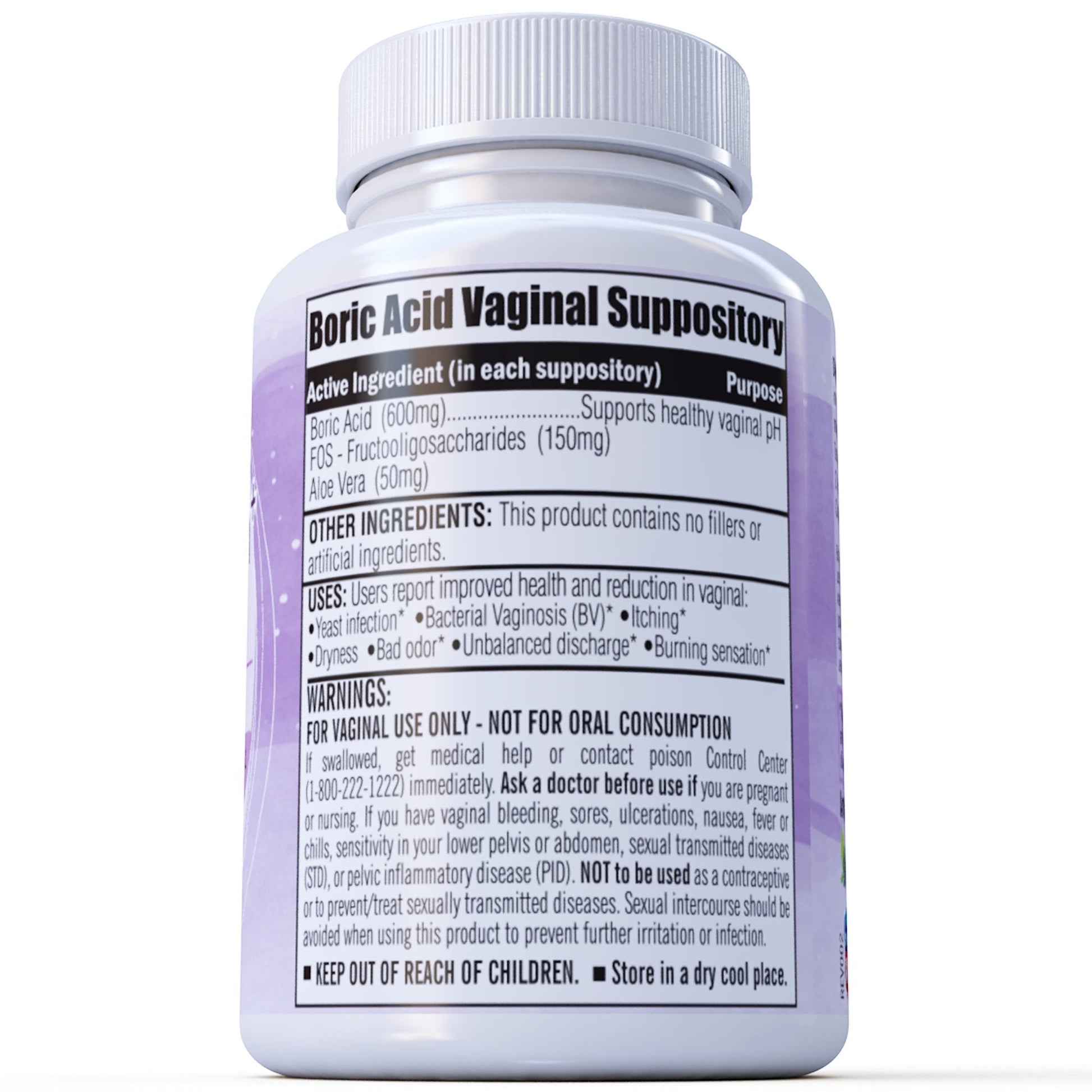 Boric Acid Vaginal Suppositories Plus Aloe Vera & FOS Probiotic Enhancer 800mg/, 30 Count All Natural N' More