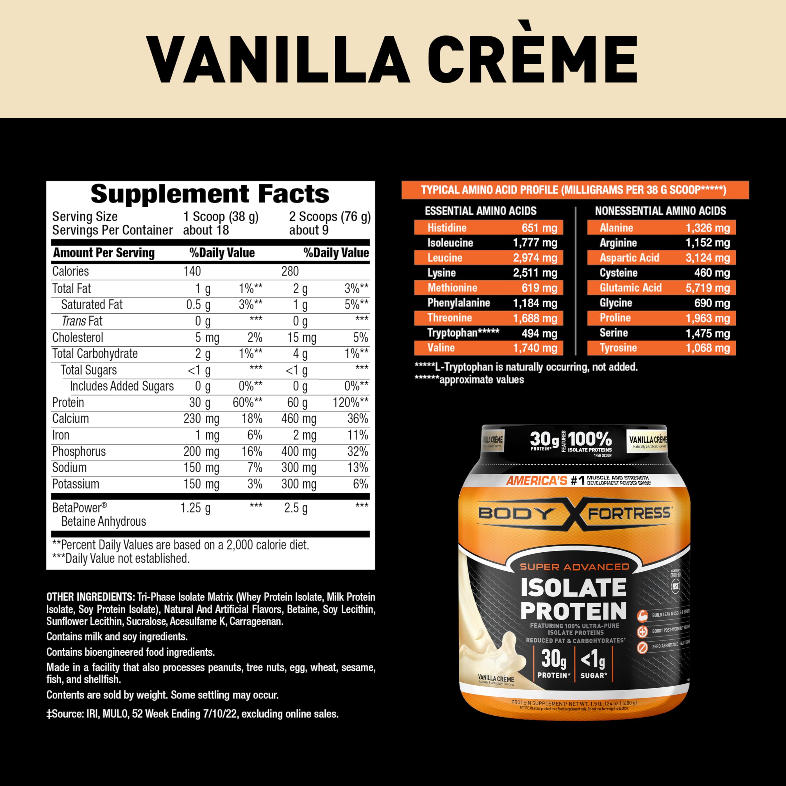 Body Fortress Super Advanced Isolate Protein Powder, Gluten Free, Vanilla Creme Flavored Body Fortress