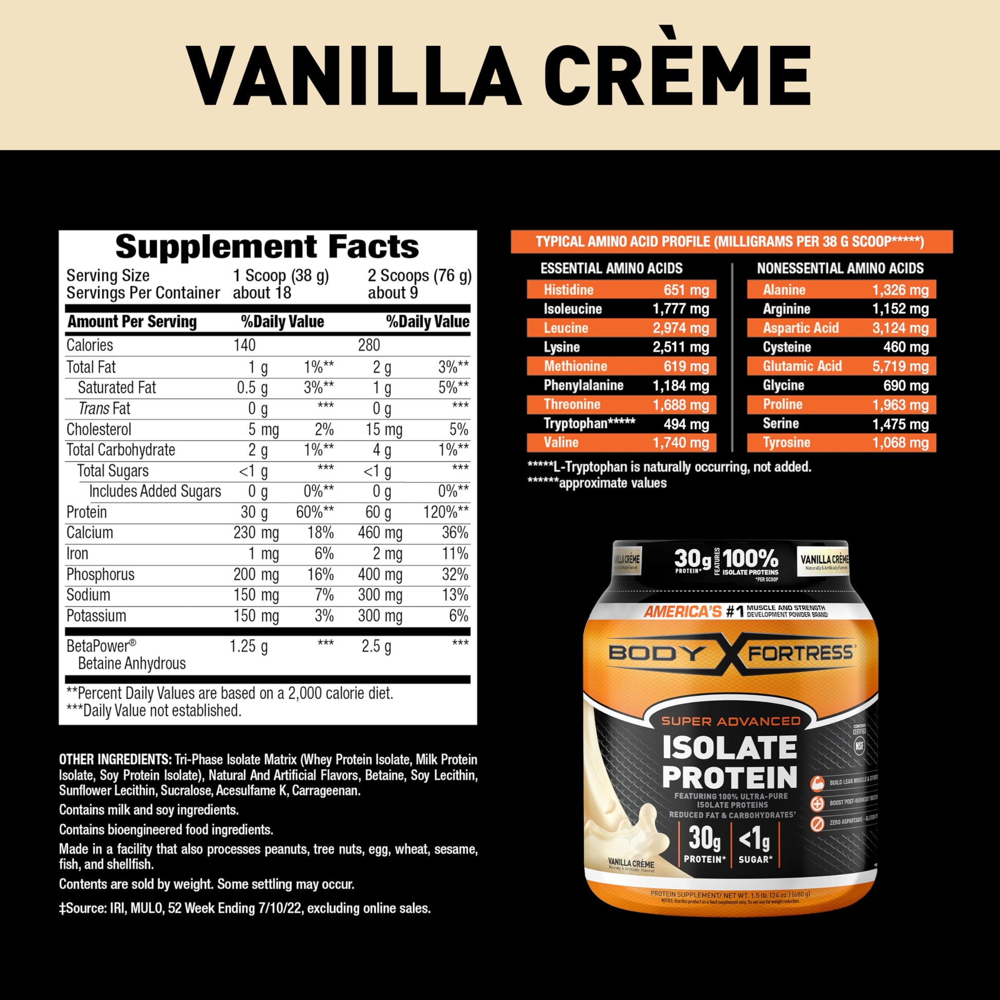 Body Fortress Super Advanced Isolate Protein Powder, Gluten Free, Vanilla Creme Flavored Body Fortress