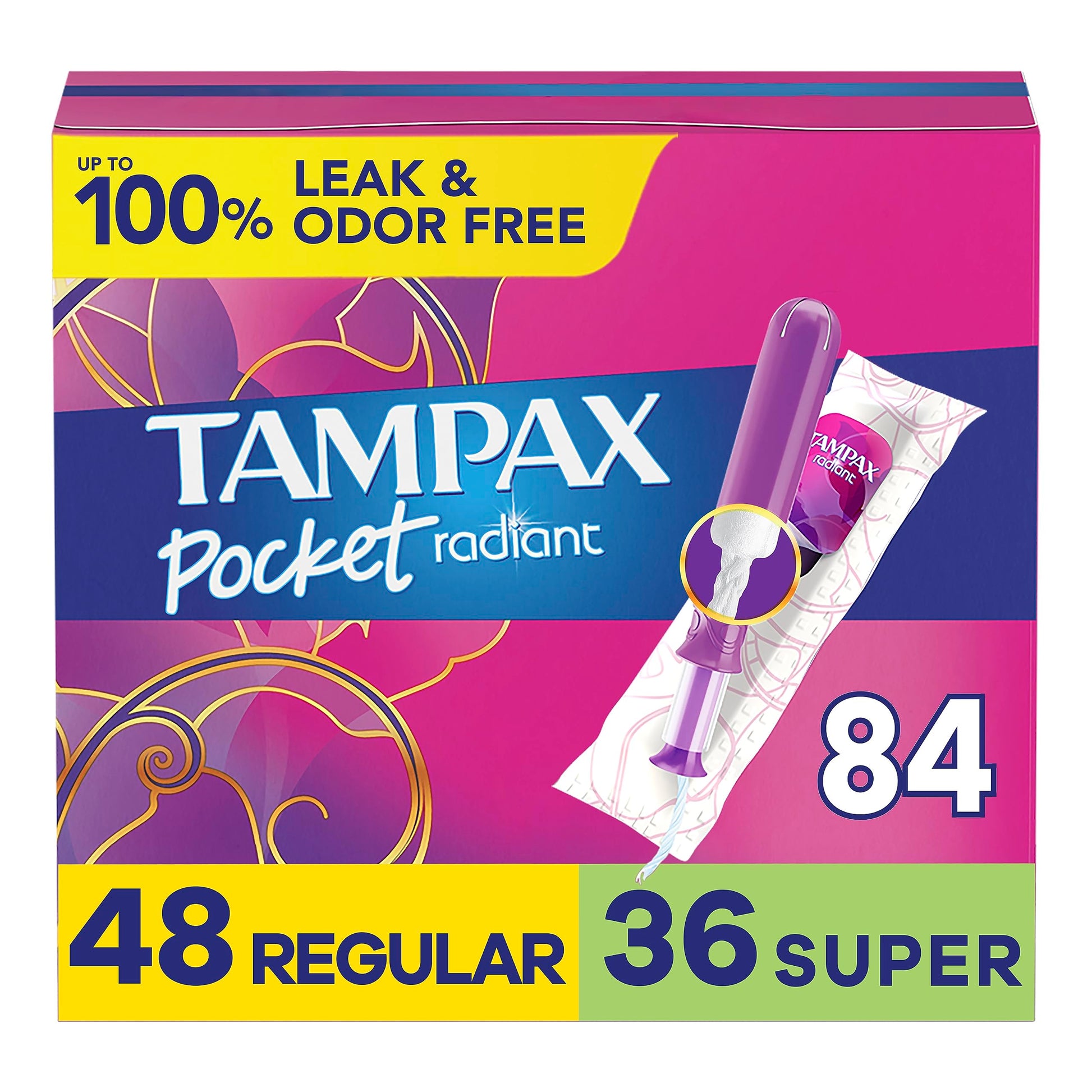 Tampax Pocket Radiant Compact Tampons Multi Pack, Regular/Super Absorbency with BPA-Free
