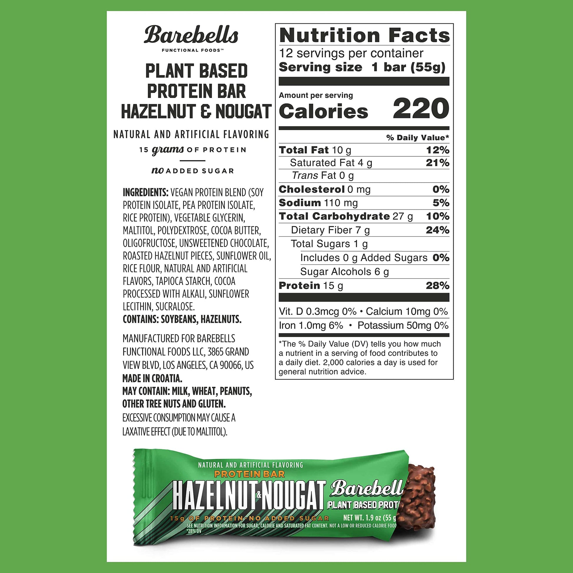 Barebells Vegan Protein Bars Hazelnut & Nougat - 12 Count, 1.9oz Bars - Features Plant BAREBELLS