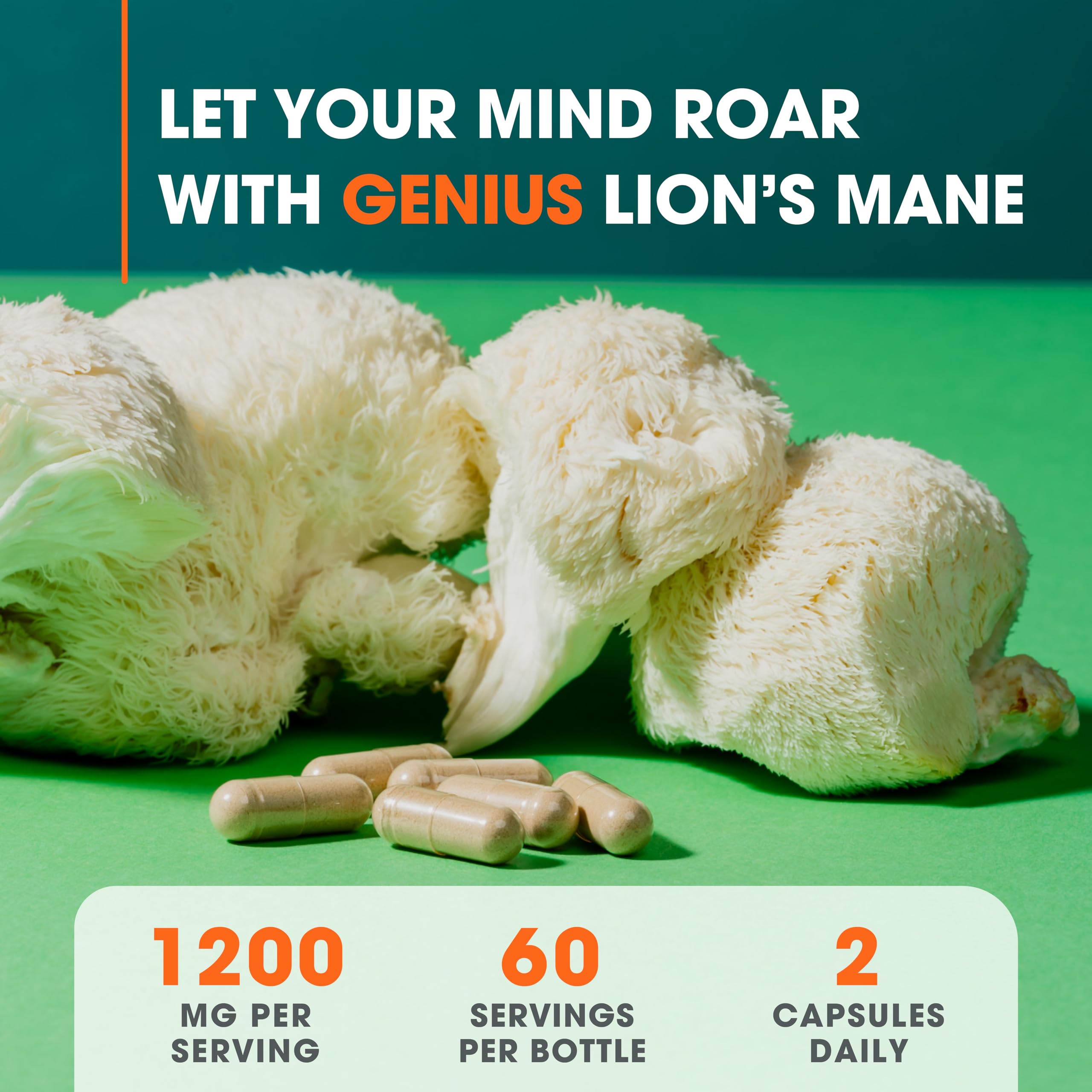 Genius Lions Mane Supplement Capsules - Organic Nootropic Supplement, 1200mg per The Genius Brand