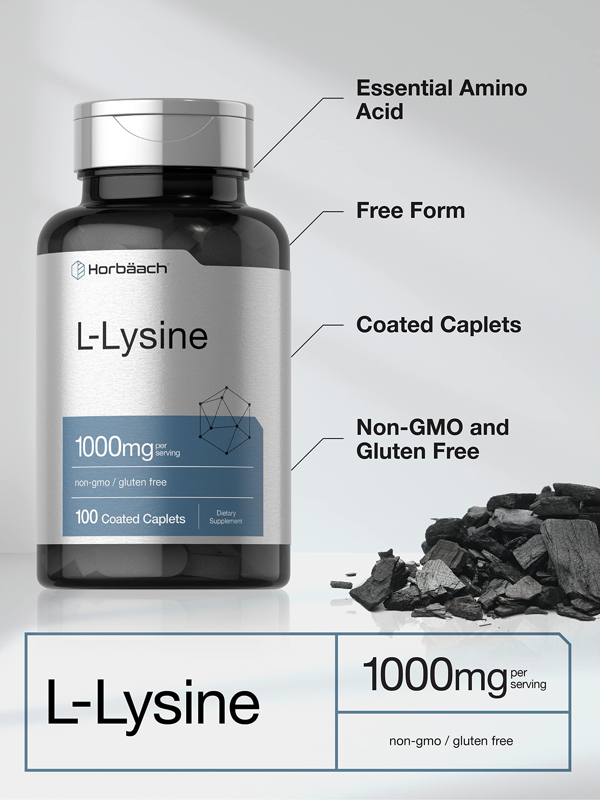 L-Lysine 1000mg | 100 Coated Caplets | Free Form Dietary Supplement | Vegetarian