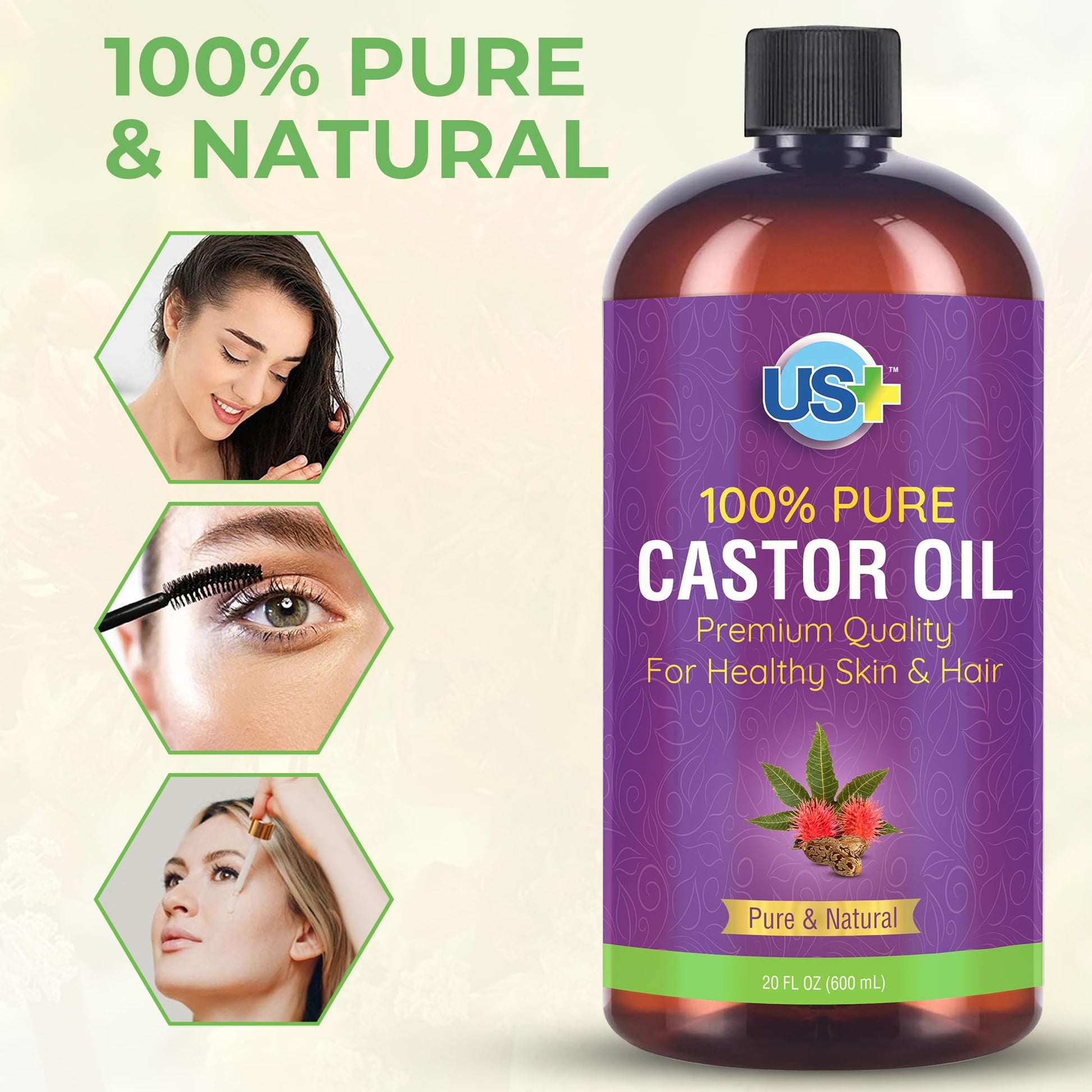 Us+ 20oz 100% Pure Castor Oil - Cold-pressed, Unrefined, Hexane-free - USP Grade - Premium Quality Us+