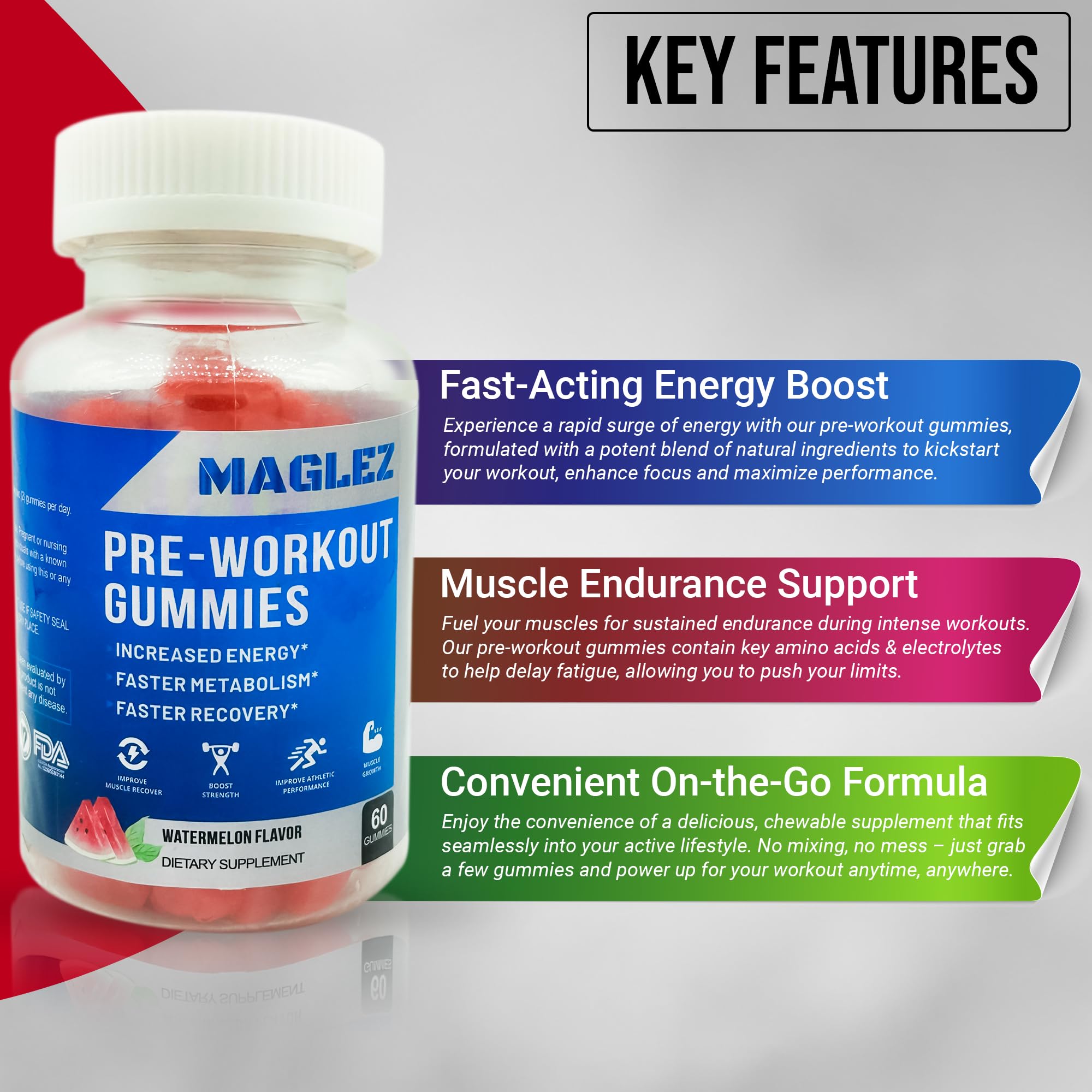Maglez, Pre Workout Gummies for Men & Women, PreWorkout Gummy with Beta Alanine | Organic Caffeine | Chromium Picolinate | Gluten free, Vegan, increased energy, faster metabolism & recovery (60 gummy)