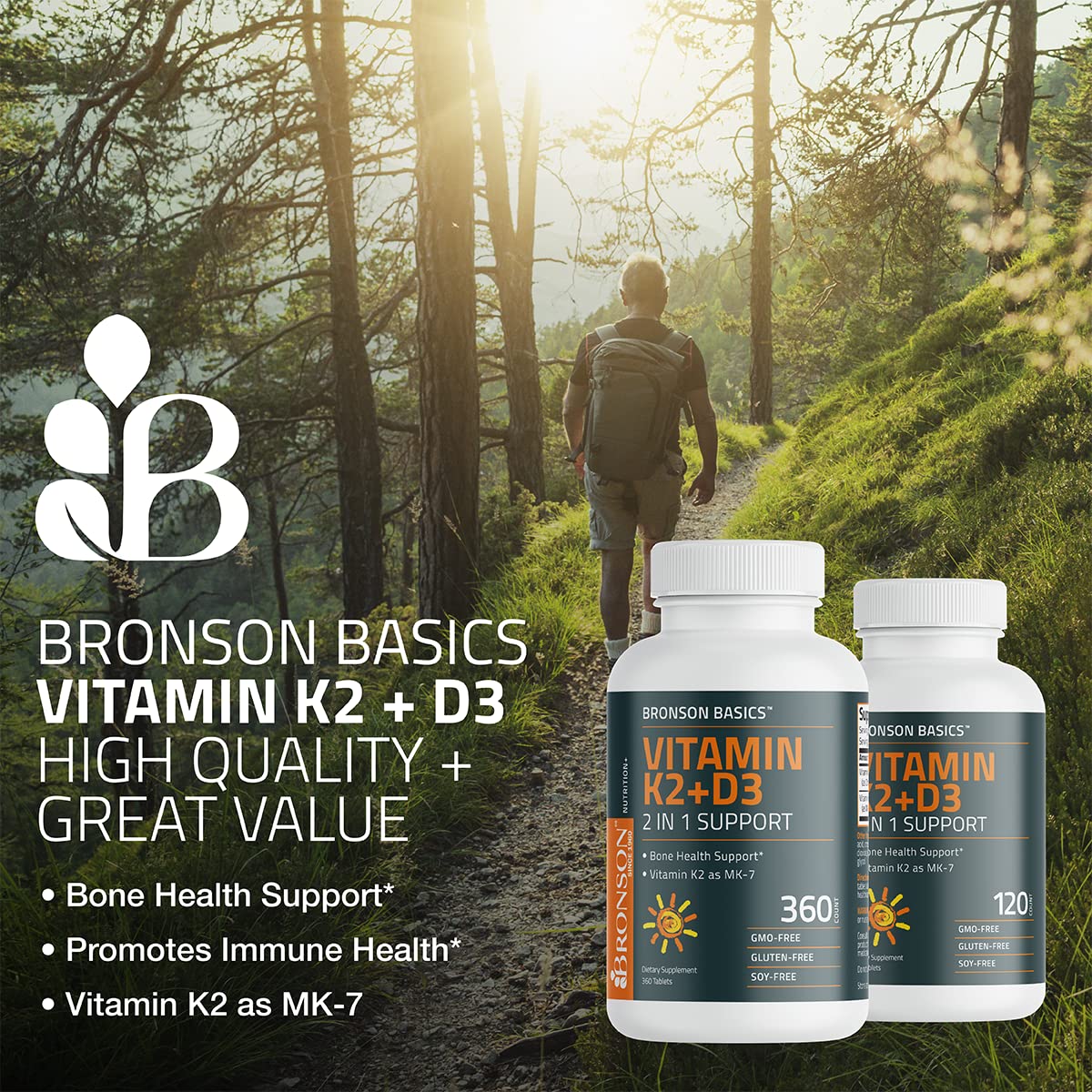 Bronson Basics Vitamin K2 D3 (MK7) Supplement Non-GMO Formula 5000IU (125 mcg) Bronson