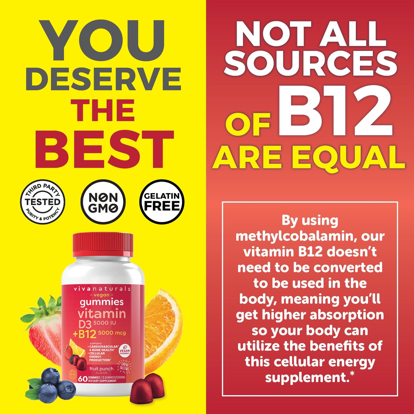 Viva Naturals Plant-Based B12 Gummies with Vitamin D3 - Chewable 5000mcg B12