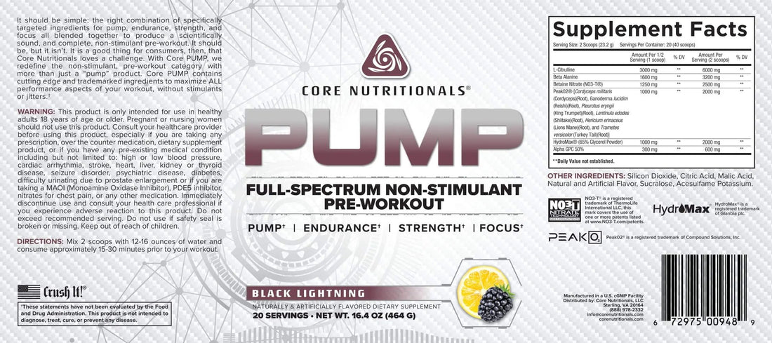 Core Nutritionals Pump Full-Spectrum Non-Stimulant Pre-Workout, with N03T Nitrate