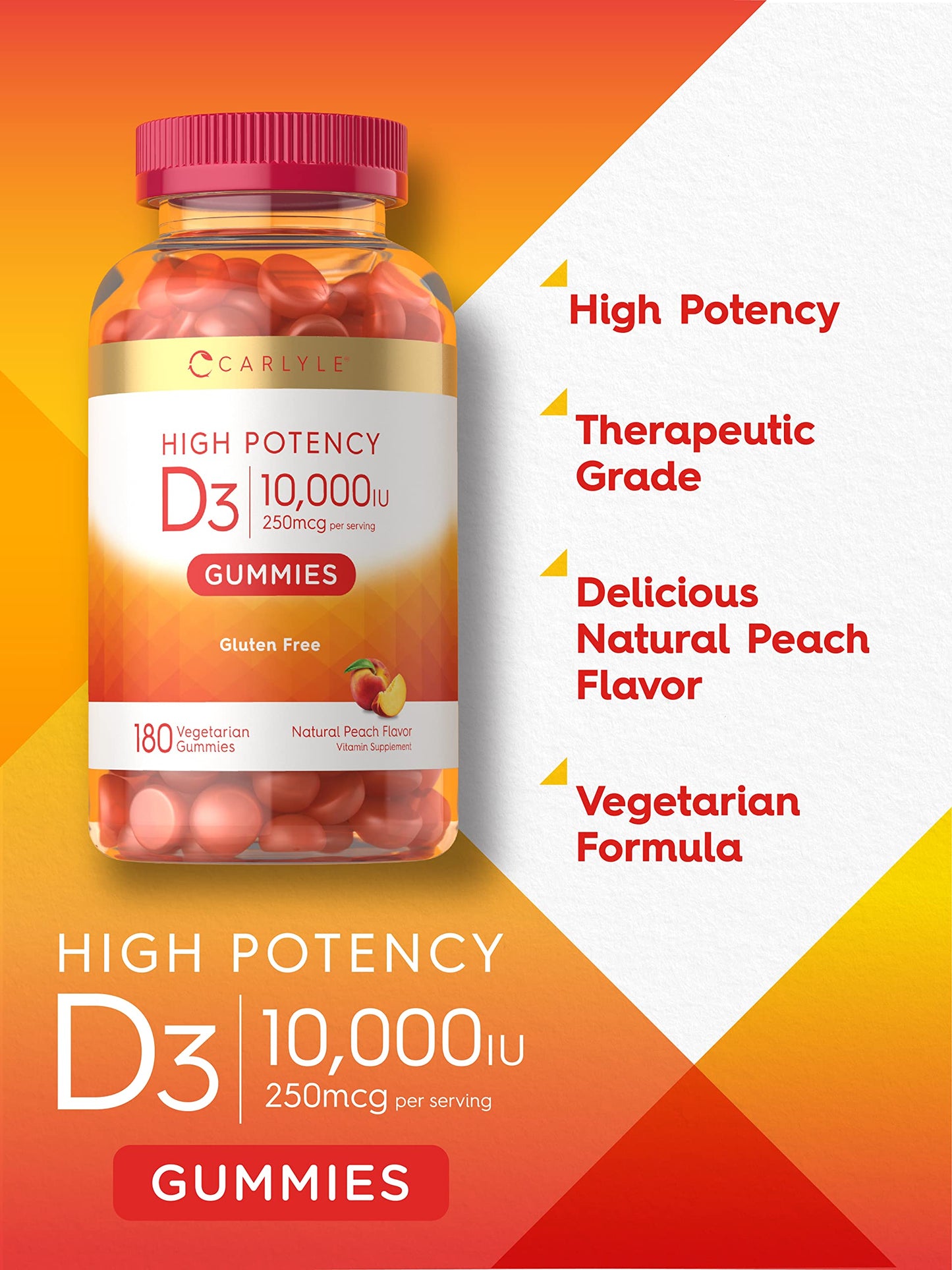 Carlyle Vitamin D3 Gummies | 10,000 iu | 180 Count | Vegetarian, Non-GMO