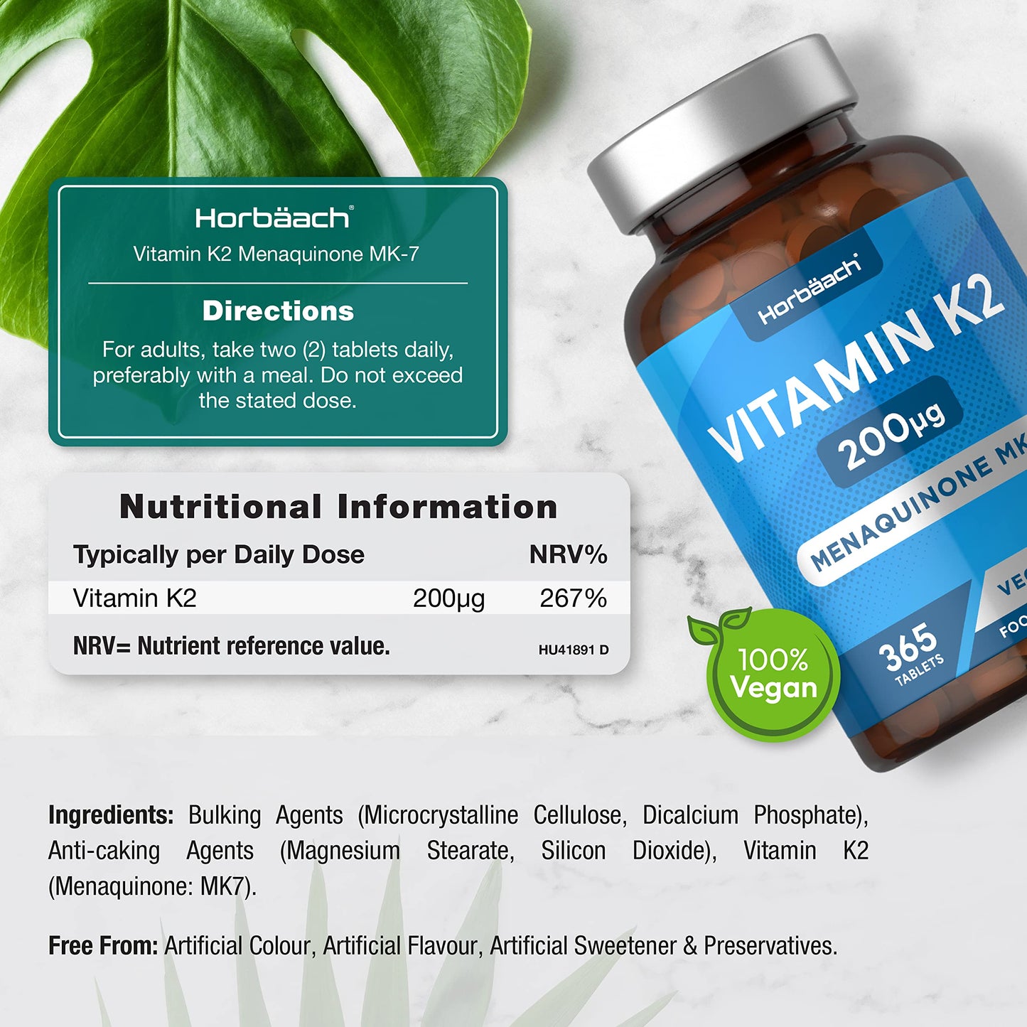 Vitamin K2 MK7 200ug | 365 Vegan Tablets | High Strength Menaquinone MK-7