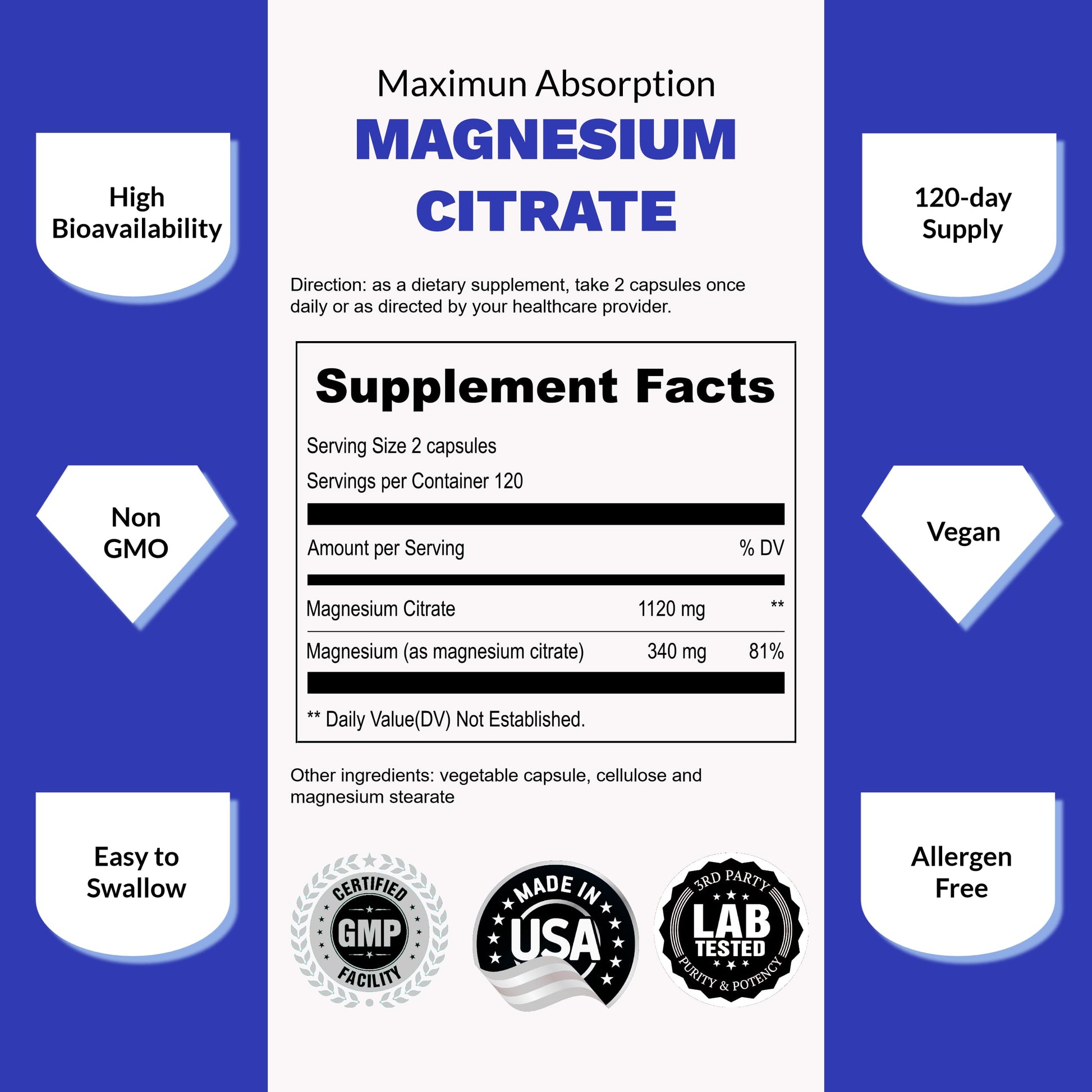 UpNourish Pure Magnesium Citrate (Citrato de Magnesio) 1120mg, 240 Capsules UpNourish