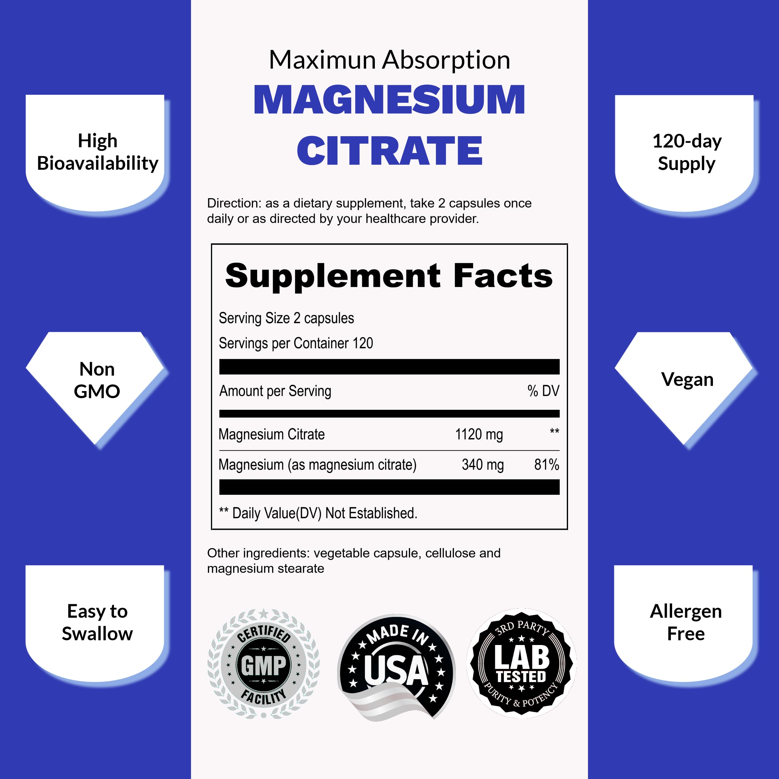 UpNourish Pure Magnesium Citrate (Citrato de Magnesio) 1120mg, 240 Capsules UpNourish