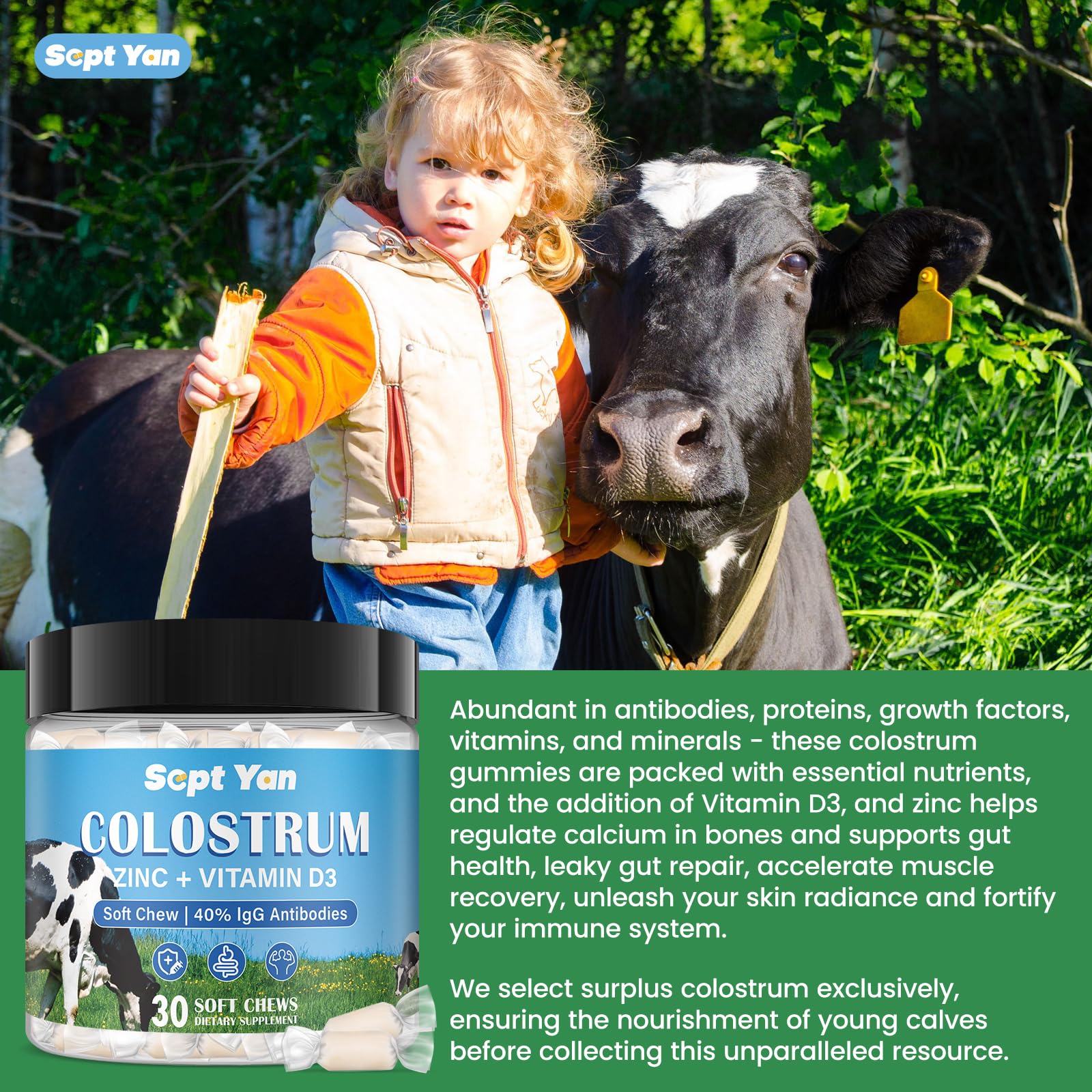 Colostrum Soft Chew Supplement (3000mg + 40% IgG), Concentrated Bovine Colostrum SEPT YAN