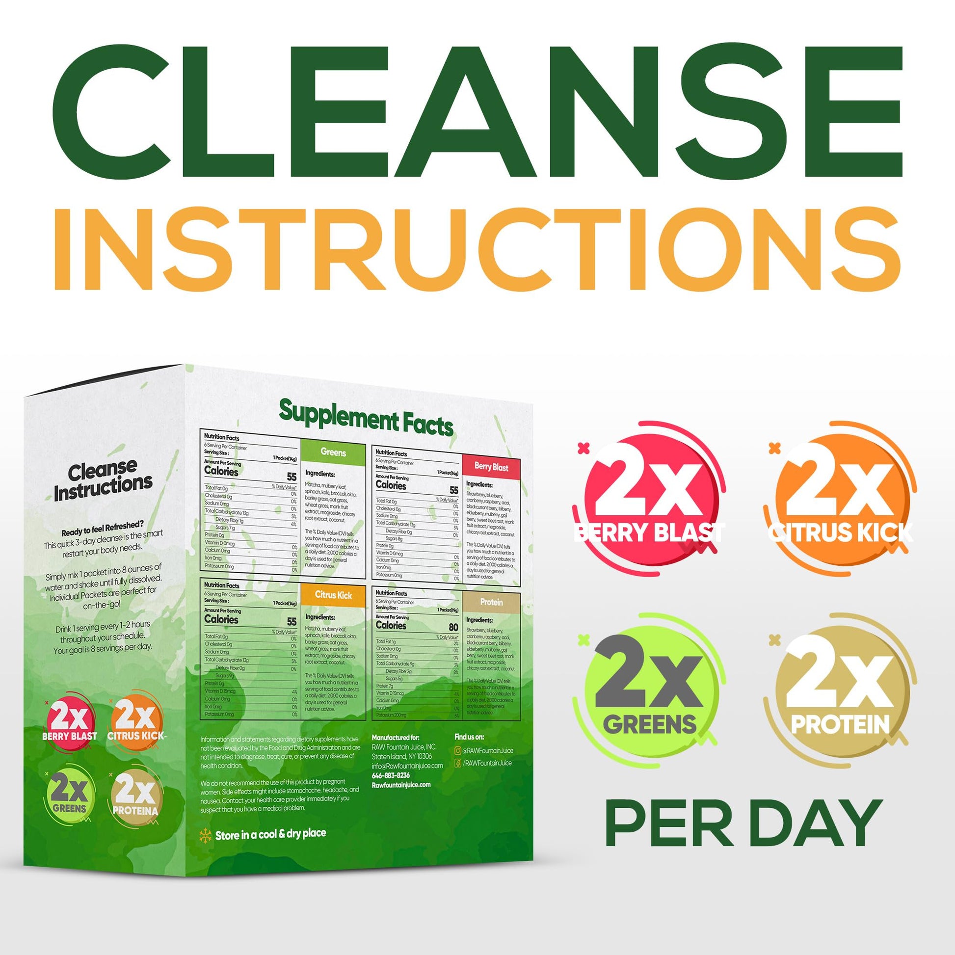 Raw Fountain 3 Day Juice Cleanse Detox, Weight Management Program, 24 Powder Packets Raw Fountain