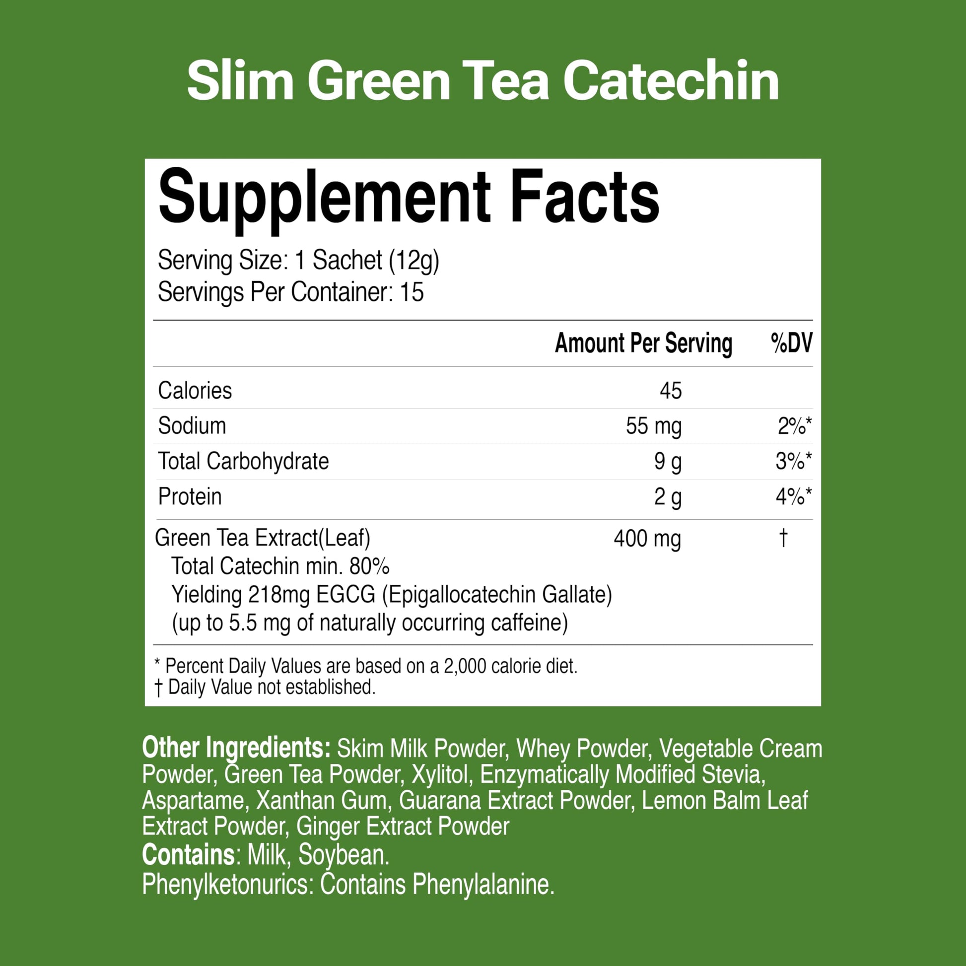 Slim Green Tea Catechin - Matcha Latte Flavor - 15 Pack - Supports Healthy Weight JAYU