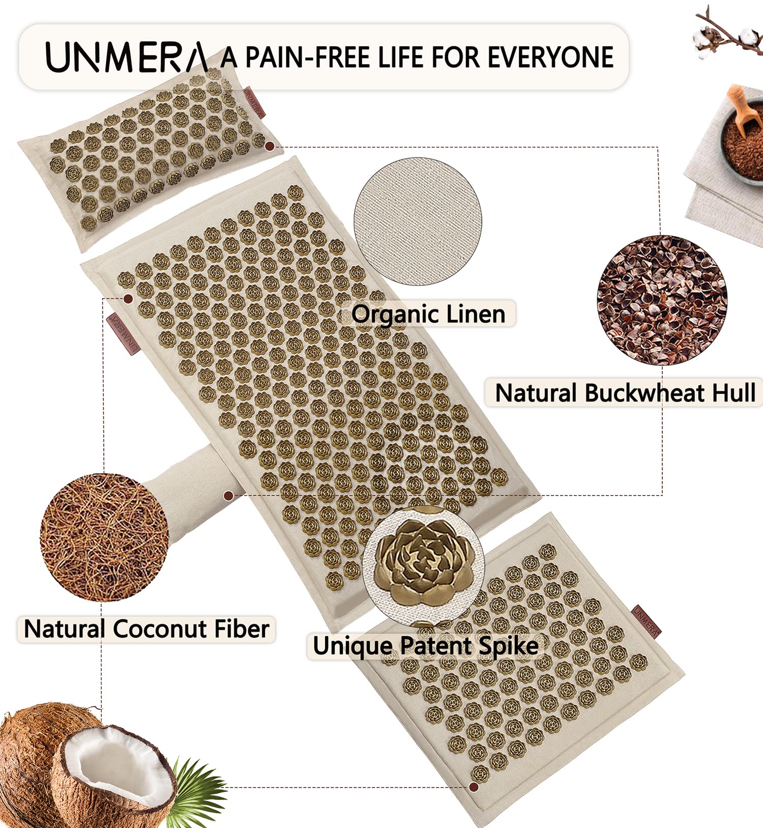 UNMERA Acupressure Mat and Pillow Set,Natural Premium Linen & Coconut Fiber Filling UNMERA