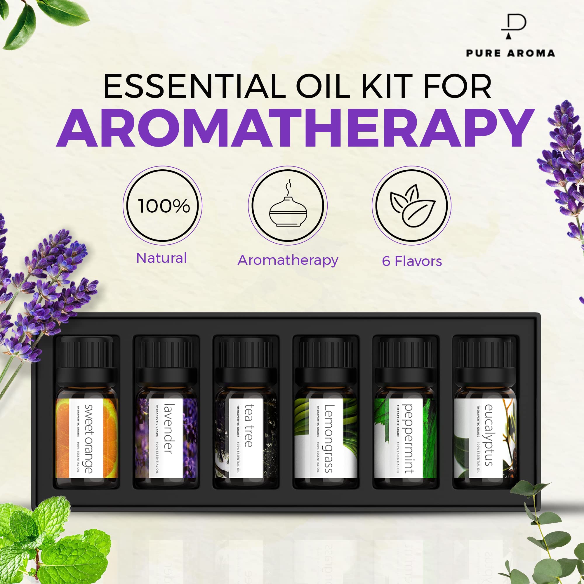 Essential Oils by PURE AROMA 100% Pure Oils kit- Top 6 Aromatherapy Oils Gift Set-6 Pack, 10ML Pure Aroma