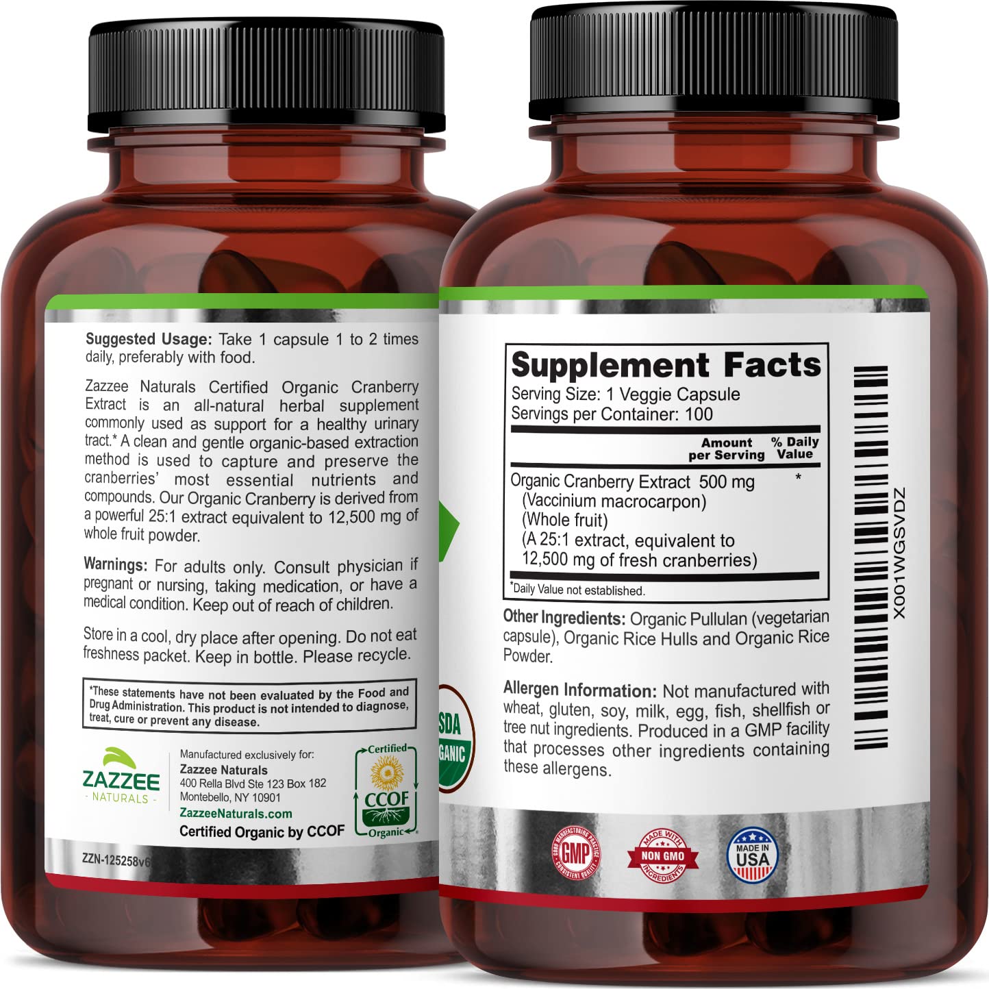 Zazzee USDA Organic Cranberry 25:1 Extract, 12,500 mg Strength, 100 Vegan Capsules