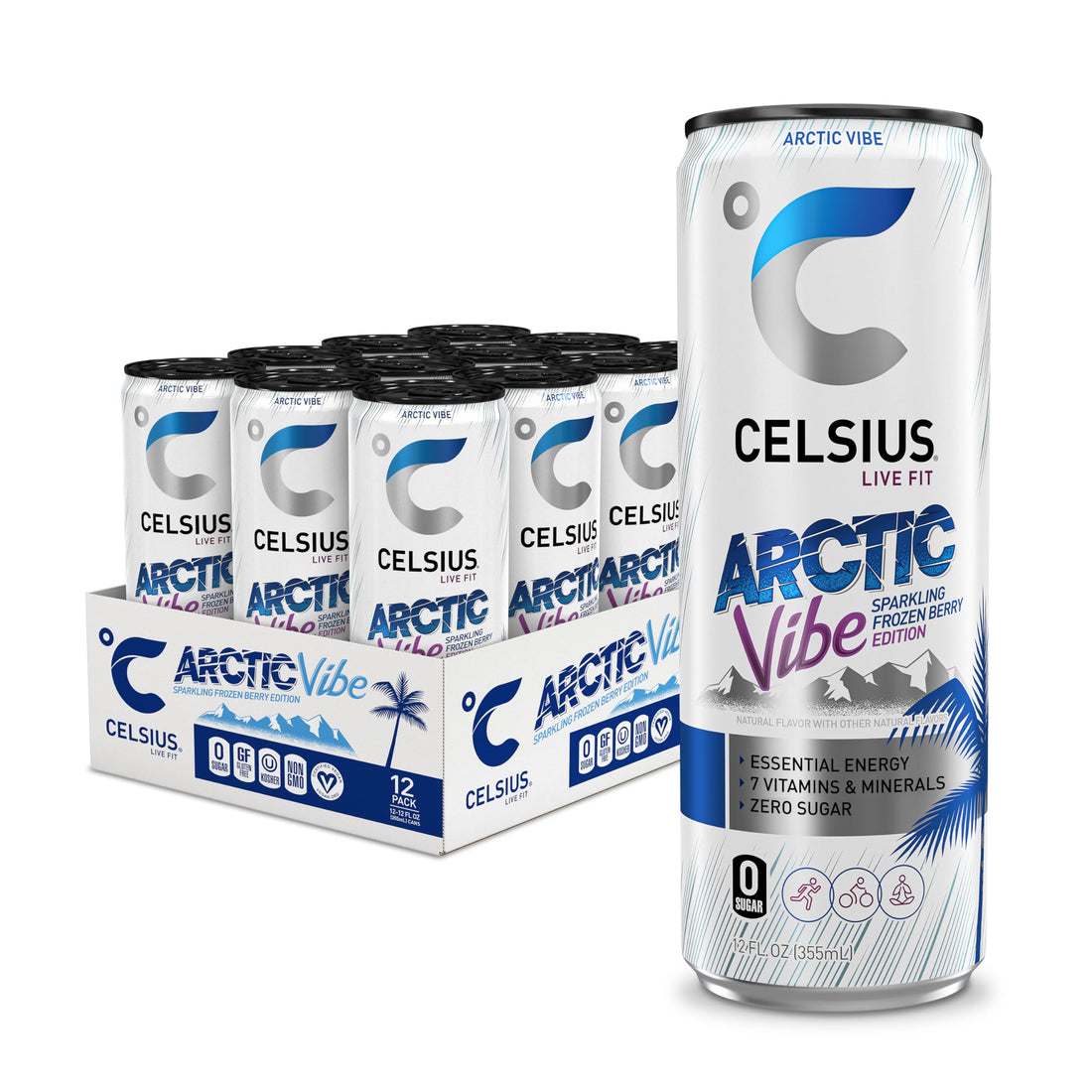 CELSIUS Arctic Vibe Sparkling Frozen Berry, Functional Essential Energy Drink, 12 Fl Oz