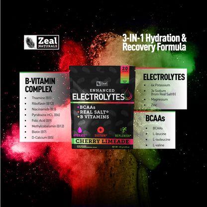 Enhanced Powder Stick Packs (Cherry Limeade- 20 Packets) Sugar Free + BCAA B