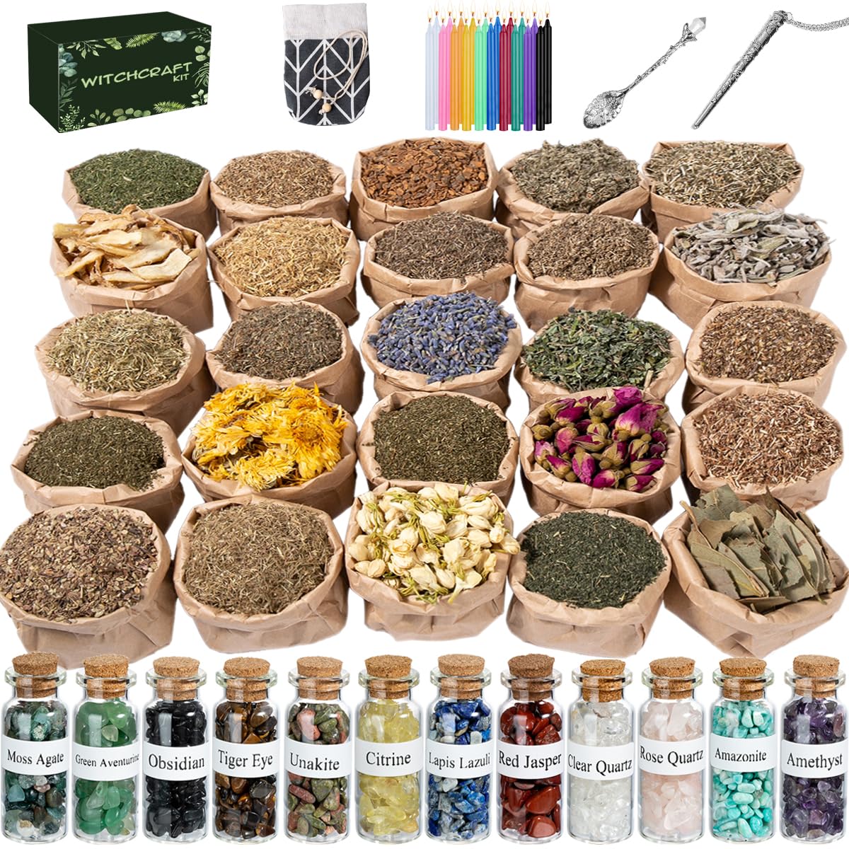 JUSTASHOW 61PCS Witchcraft Supplies for Wiccan Spells, Witchcraft Starter Kit, Spell Candles
