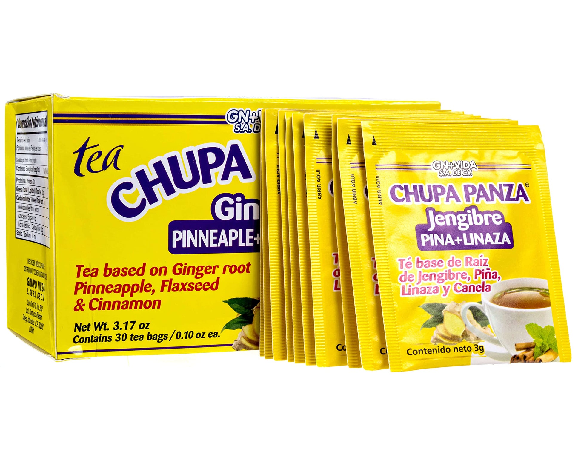 Tea CHUPA Panza, Tea Based ONGINGER Root, PINNEAPPLE, Flaxseed & Cinnamon GN+Vida