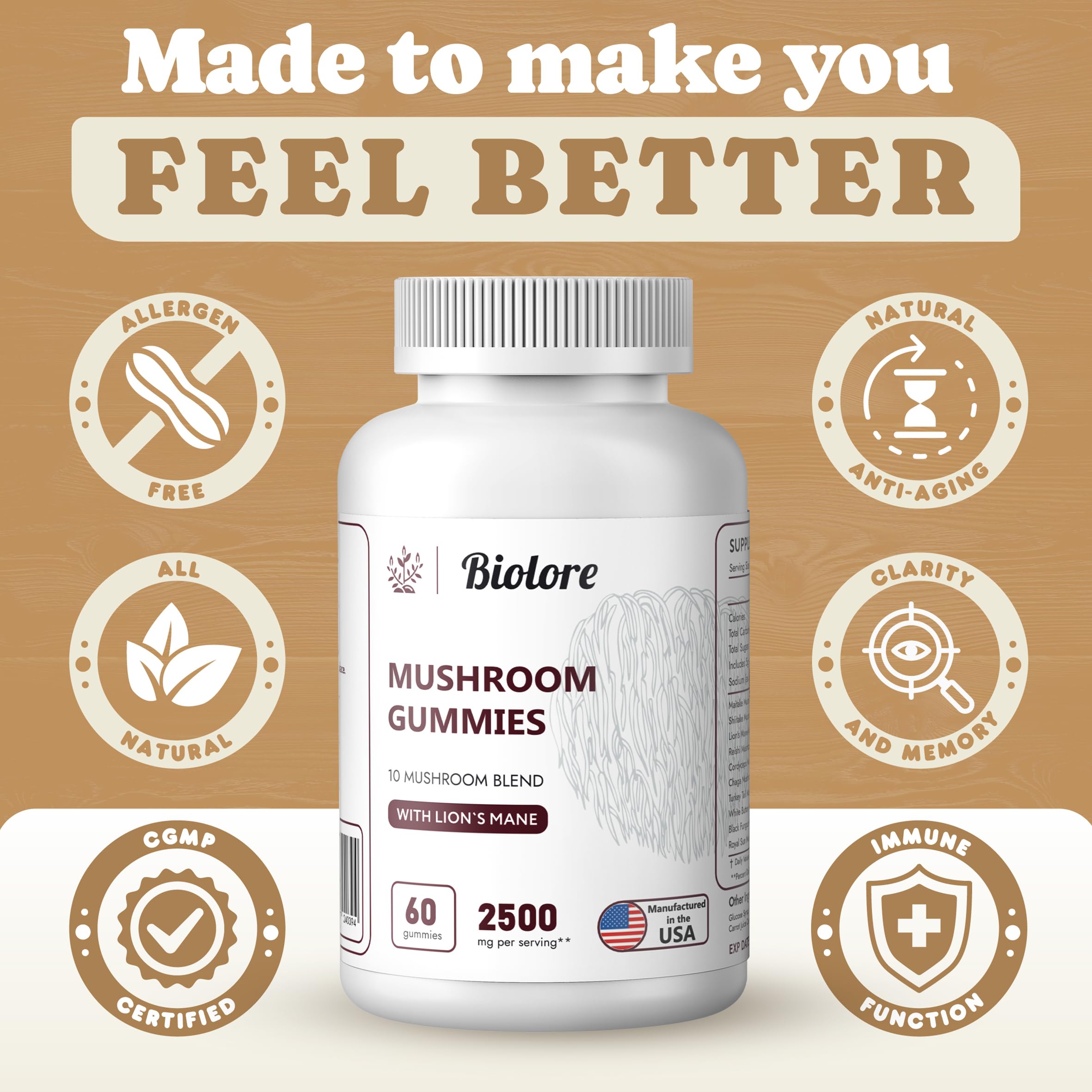 Biolore Mushroom Complex Gummies: 10 Powerful Mushrooms with Chaga, Lions Mane Biolore