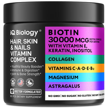 IQ BIOLOGY Biotin Collagen Keratin Astragalus Magnesium Ashwagandha Vitamin D3 Vitamin C